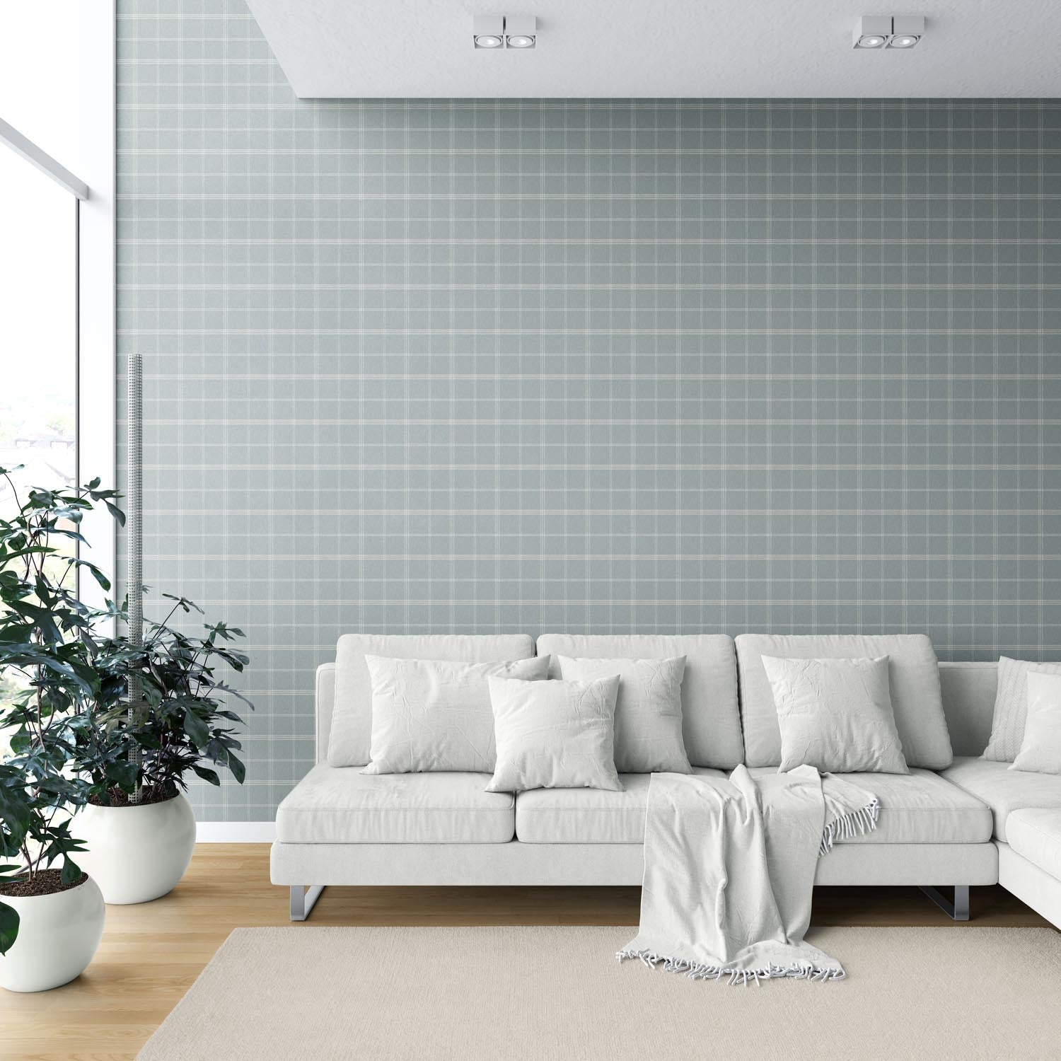 Geometric Plaid Checkered Shower Toilet Wallpaper Sample (Duck Egg Blue)