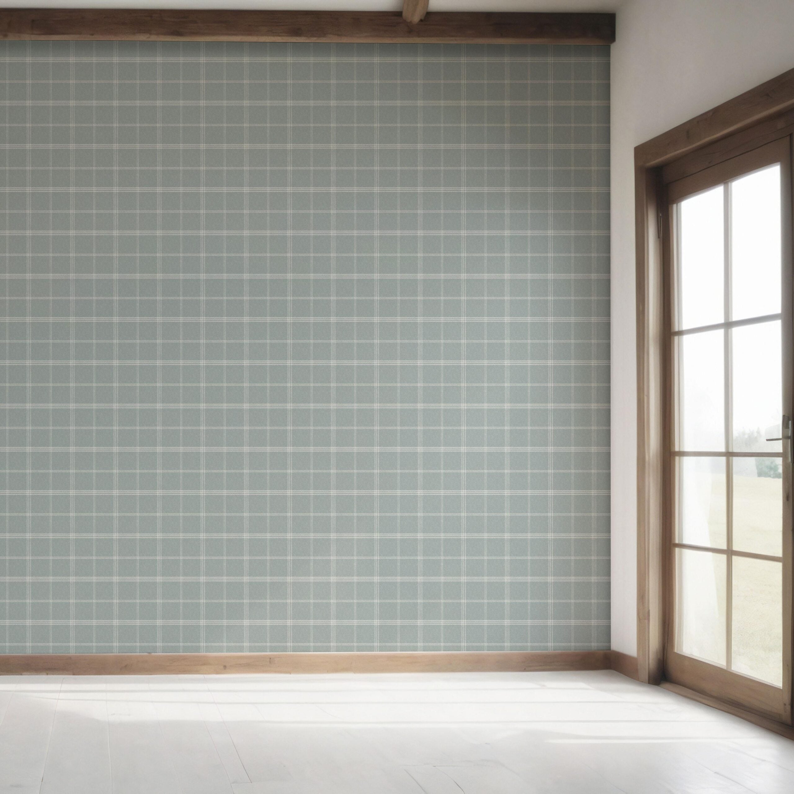 Geometric Plaid Checkered Bedroom Wallpaper Sample (Duck Egg Blue)
