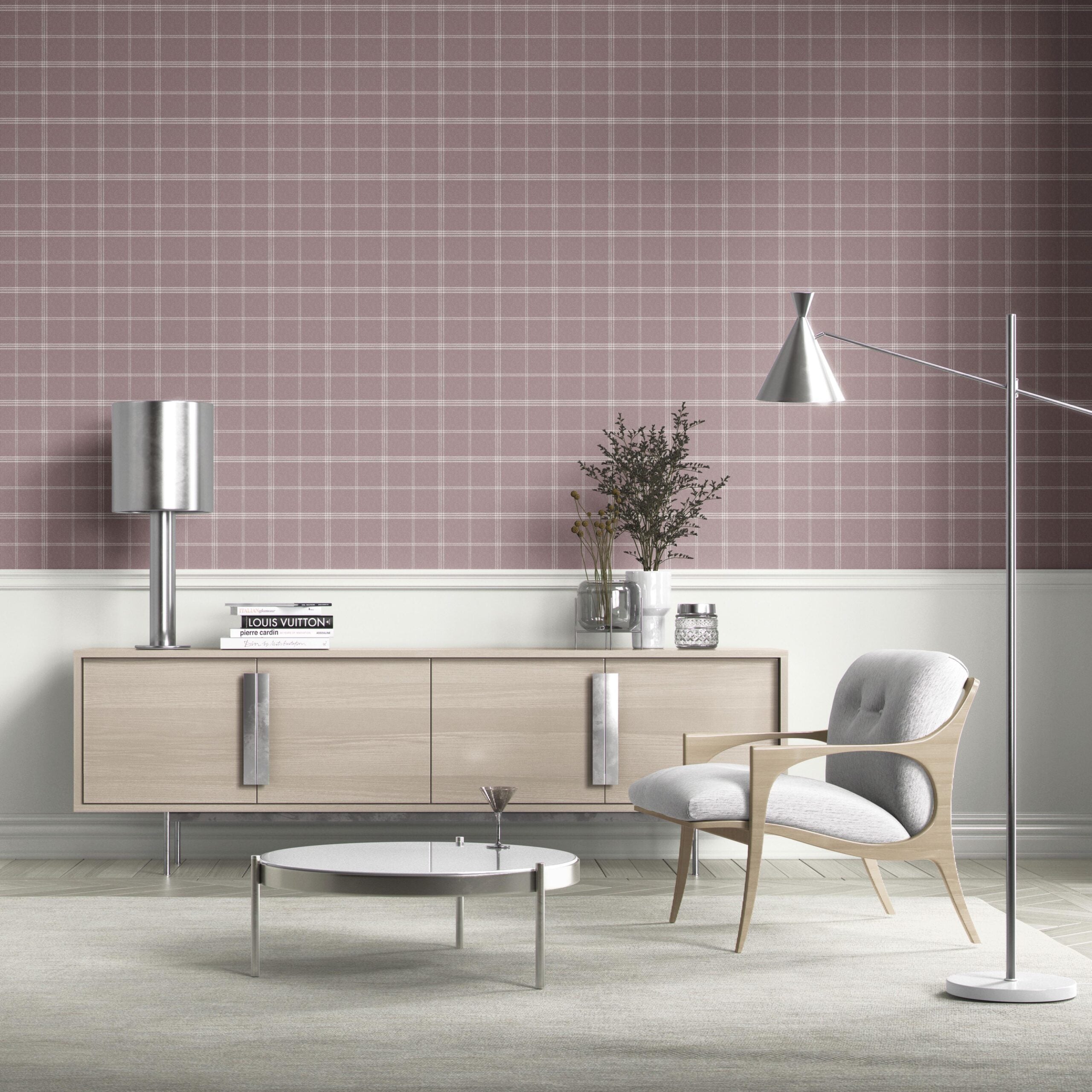 Geometric Plaid Checkered Kitchen Wallpaper (Mauve/ Muted Pink)