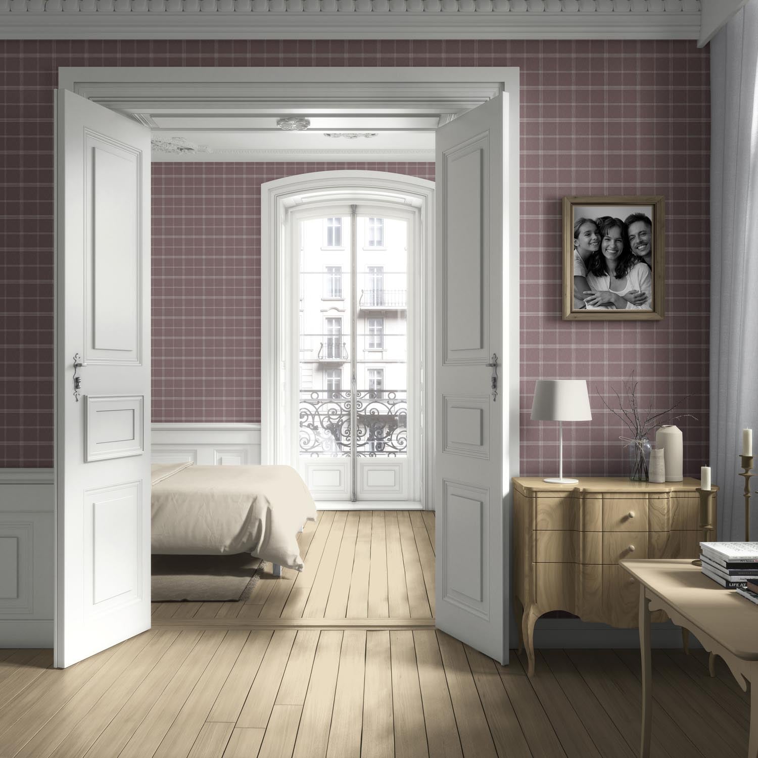 Geometric Plaid Checkered Living Room Wallpaper Sample (Mauve/ Muted Pink)