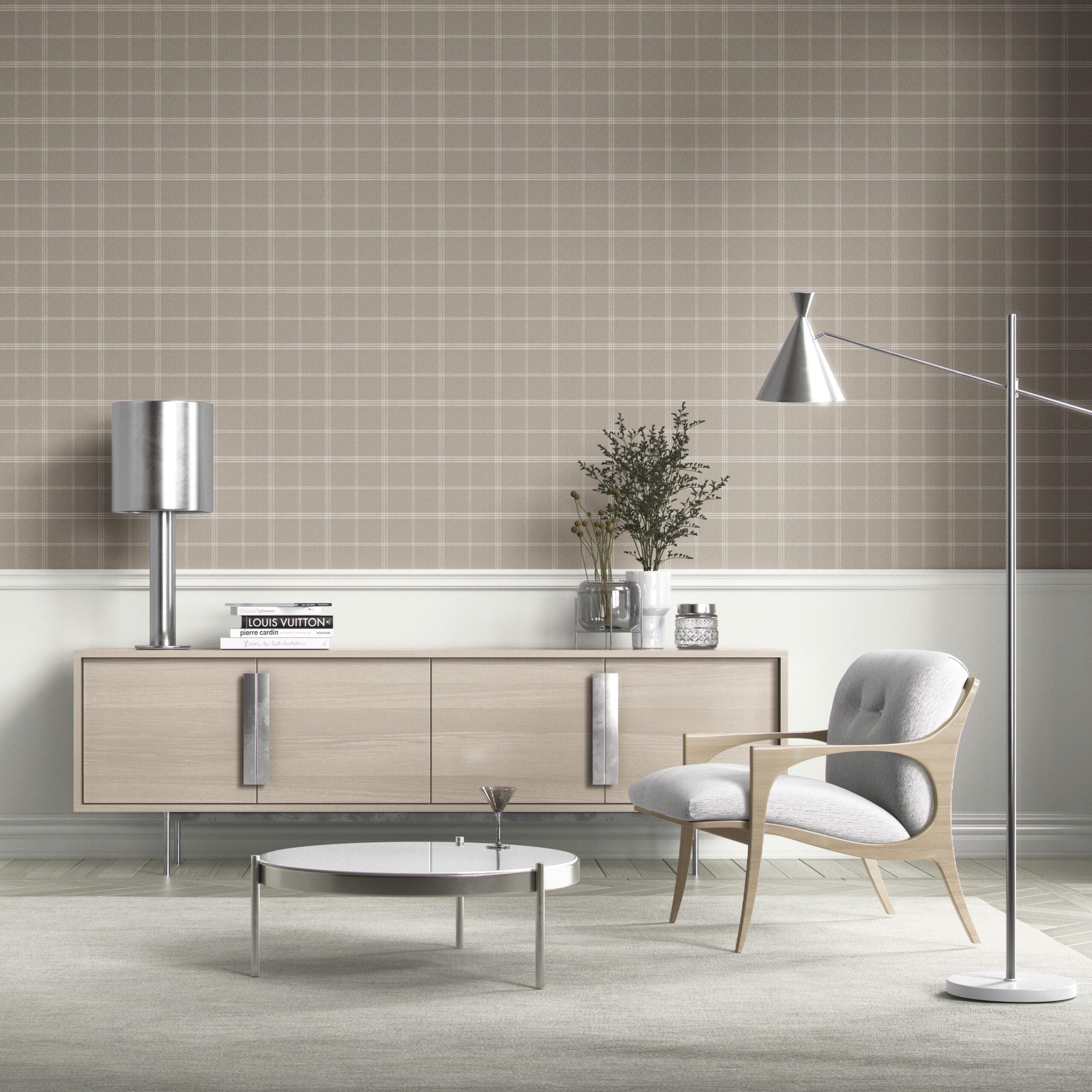 Neutral Geometric Plaid Checkered Kitchen Wallpaper (Beige/ Warm Gray/ Greige/ Taupe)