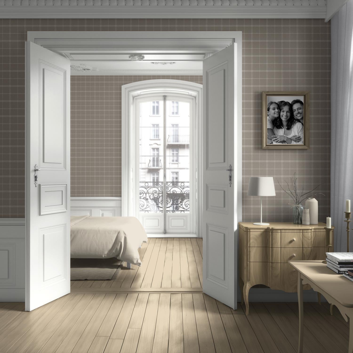 Neutral Geometric Plaid Checkered Living Room Wallpaper Sample (Beige/ Warm Gray/ Greige/ Taupe)