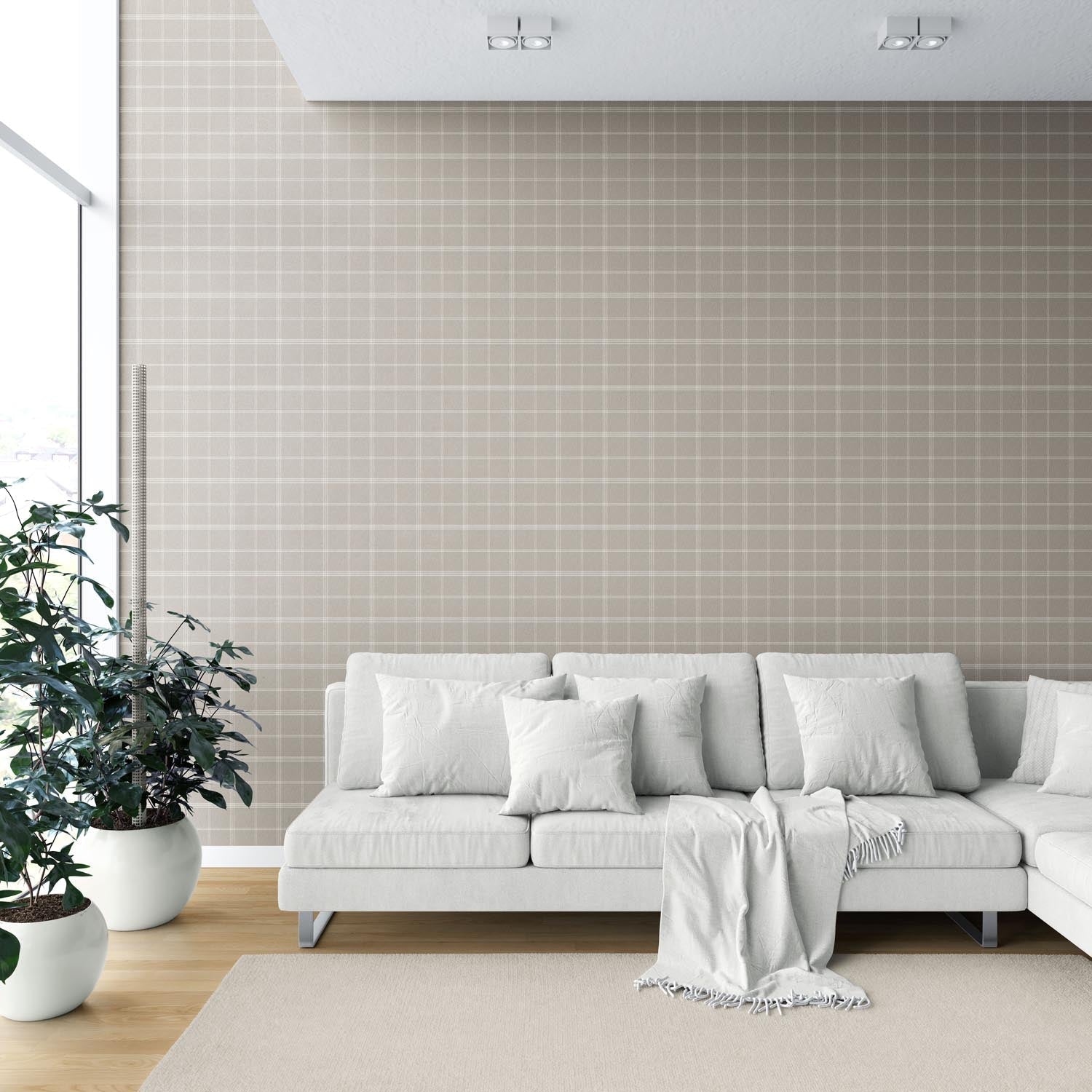 Neutral Geometric Plaid Checkered Shower Toilet Wallpaper Sample (Beige/ Warm Gray/ Greige/ Taupe)