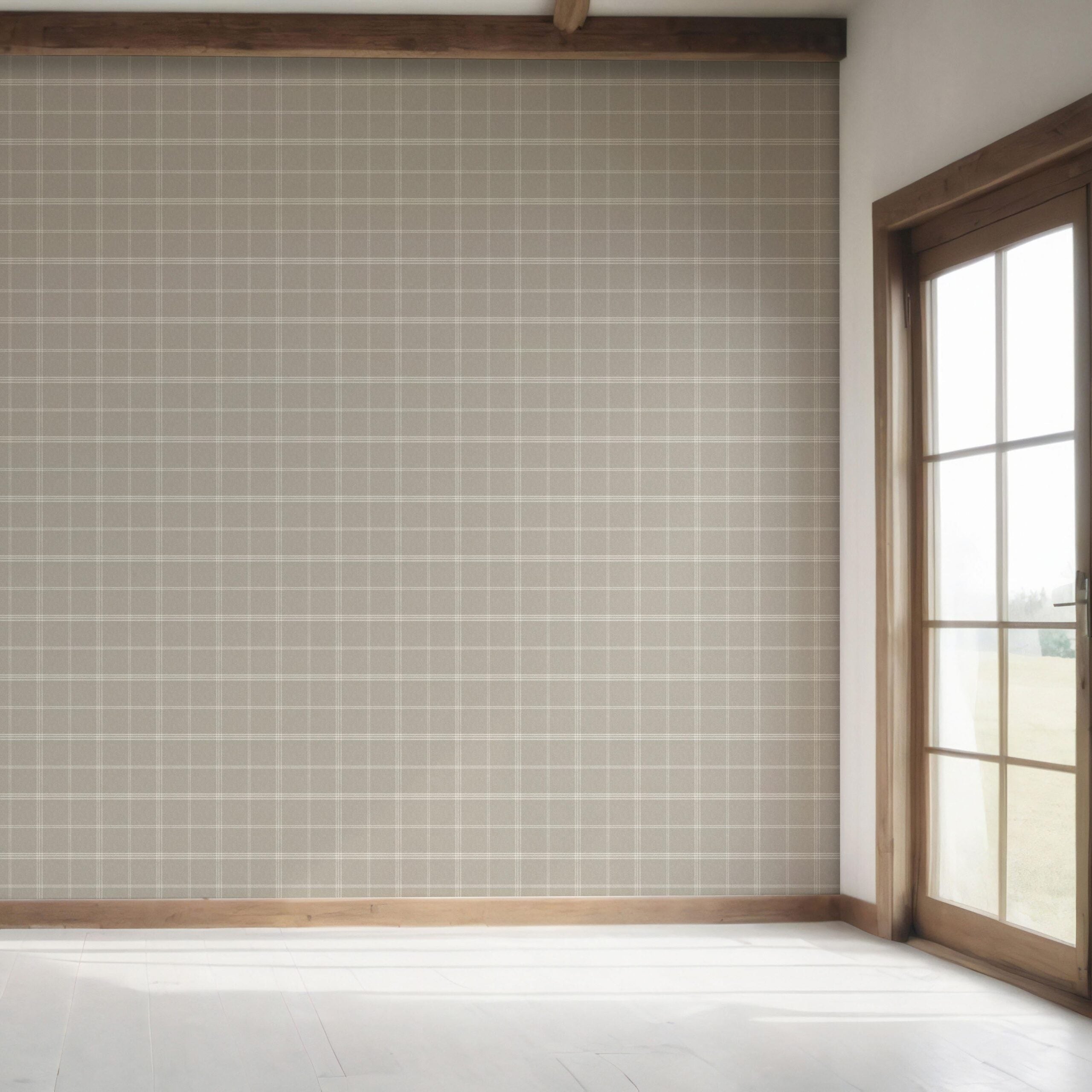 Neutral Geometric Plaid Checkered Bedroom Wallpaper Sample (Beige/ Warm Gray/ Greige/ Taupe)