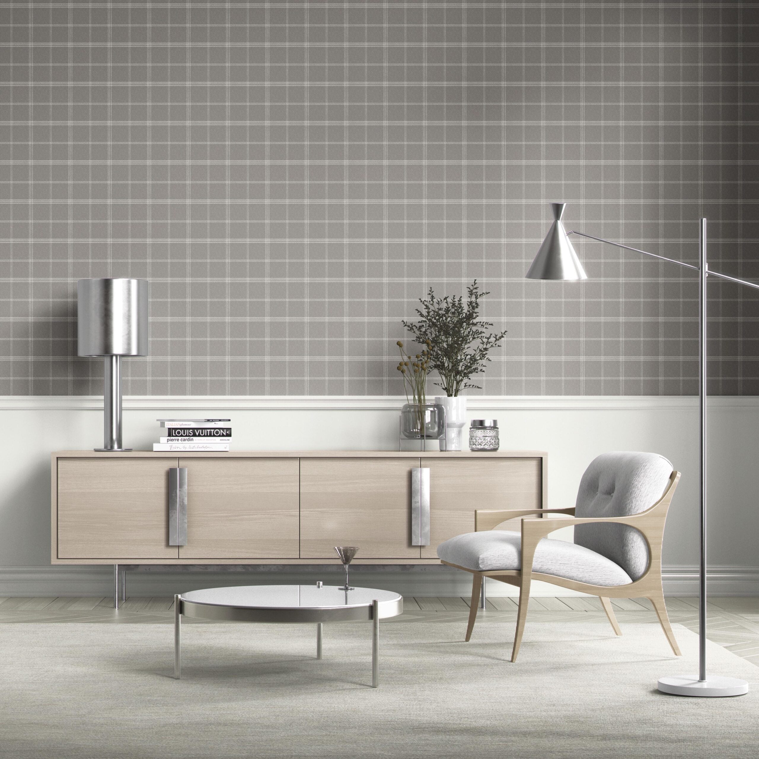 Neutral Geometric Plaid Checkered Kitchen Wallpaper (Silver Gray)