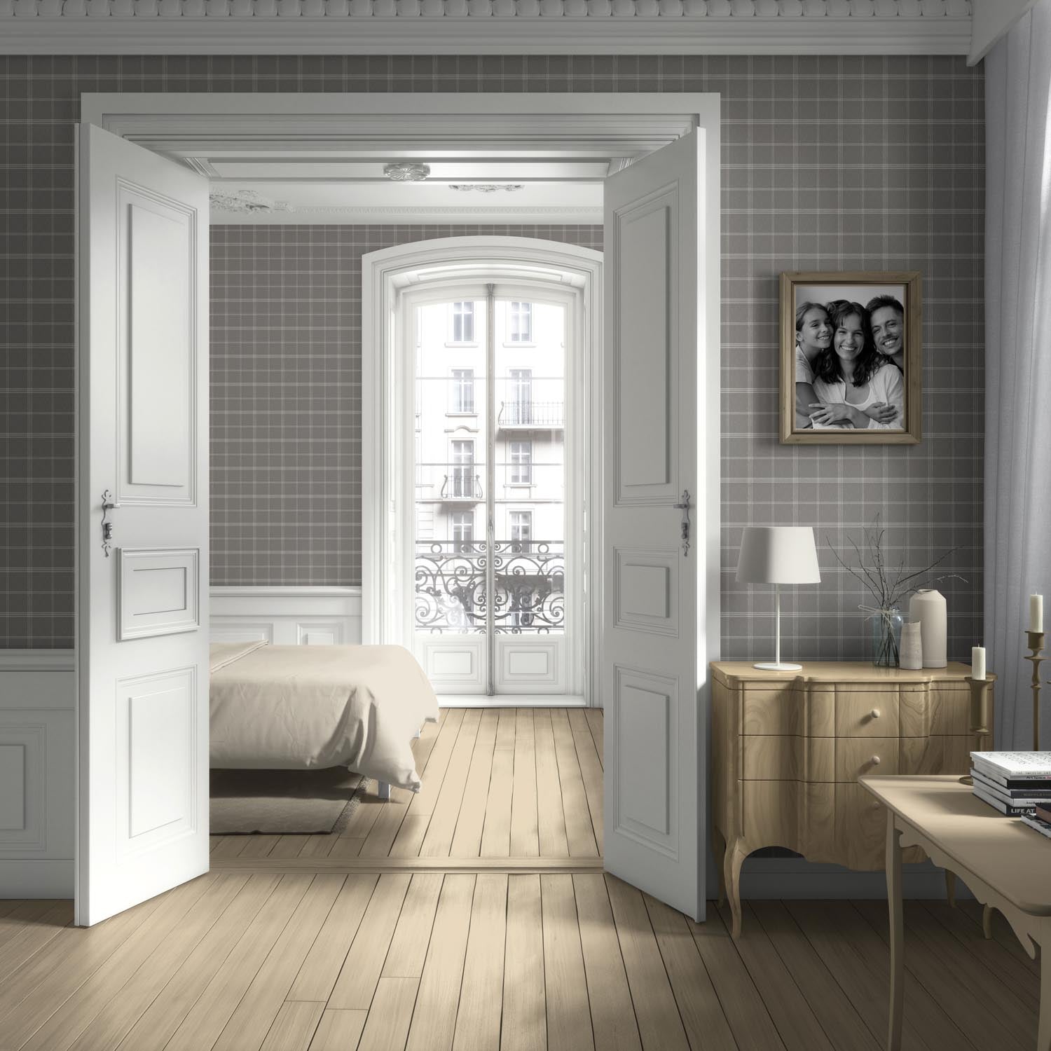 Neutral Geometric Plaid Checkered Living Room Wallpaper Sample (Silver Gray)