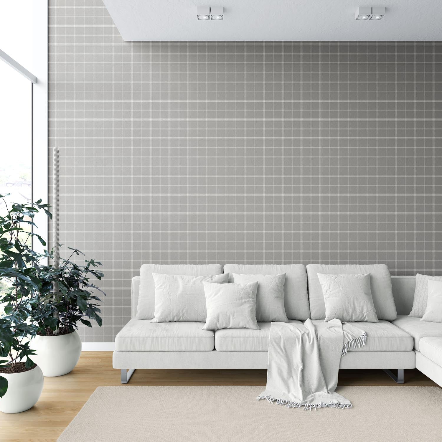 Neutral Geometric Plaid Checkered Shower Toilet Wallpaper Sample (Silver Gray)