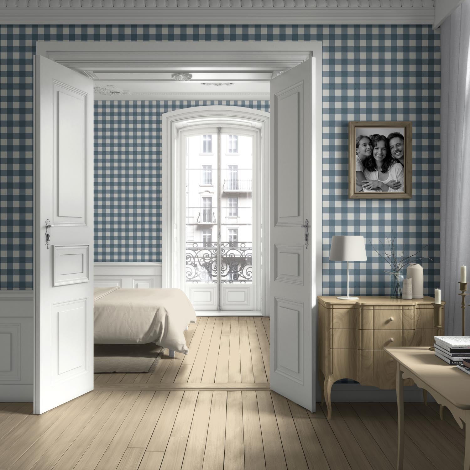 Geometric Gingham Checkered Kitchen Wallpaper Sample (Navy Blue)