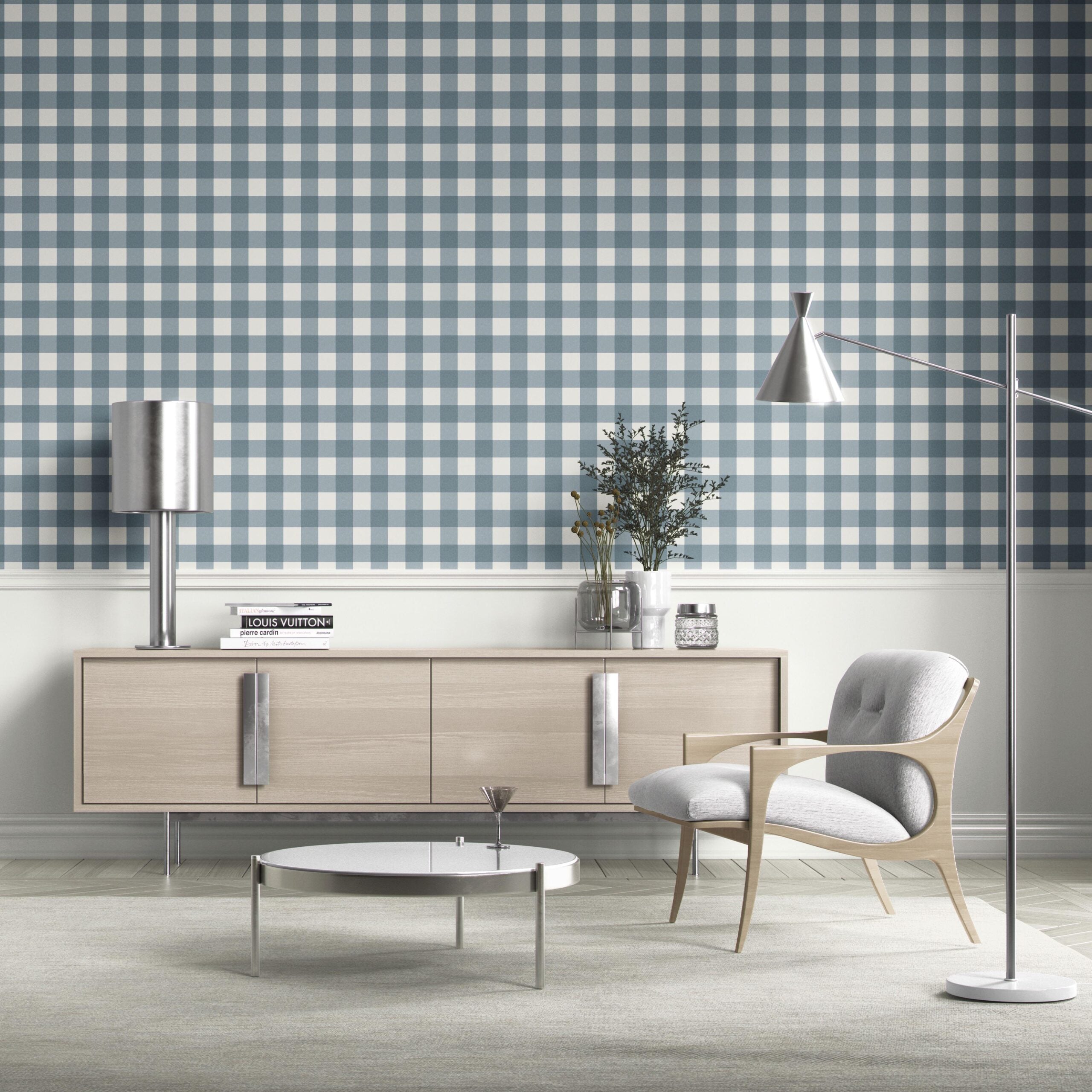 Geometric Gingham Checkered Bathroom Wallpaper Sample (Navy Blue)