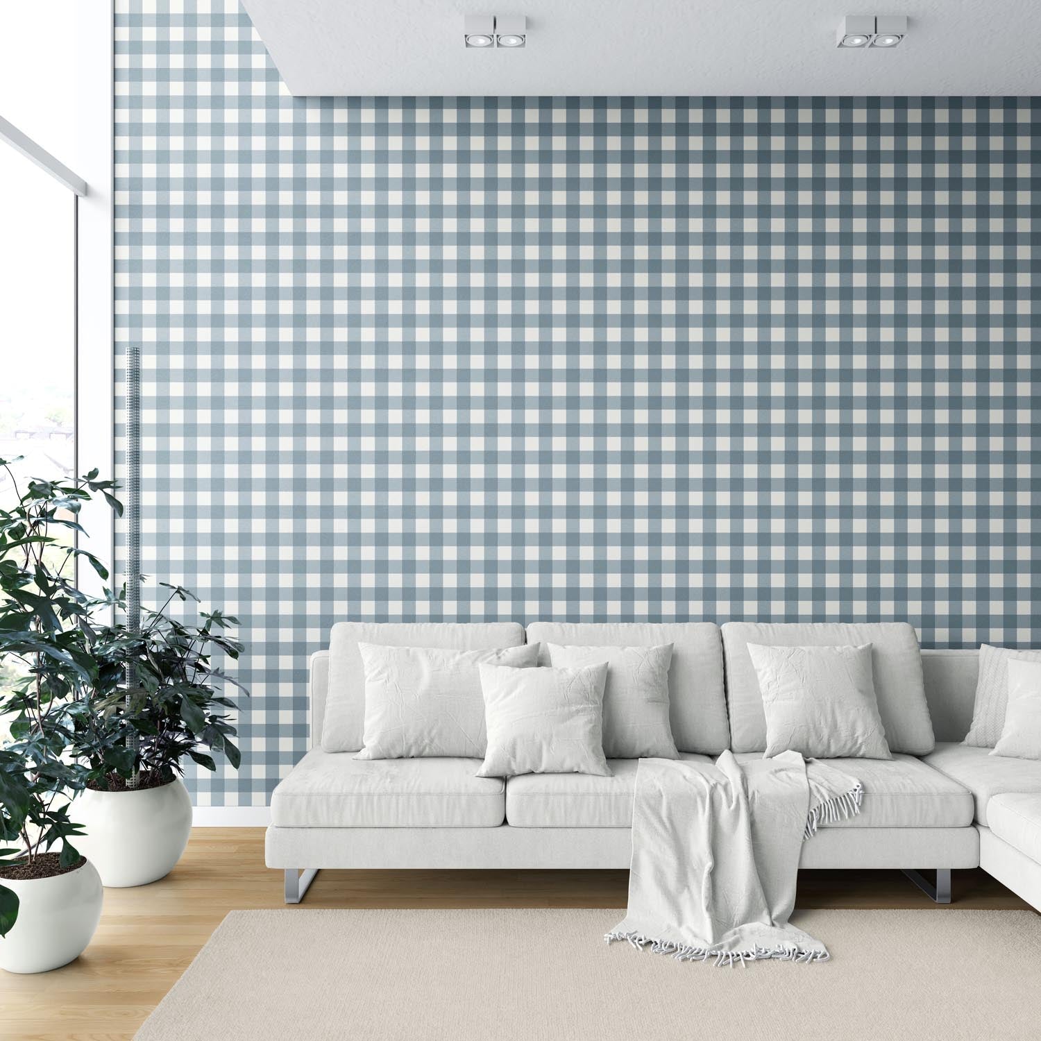 Geometric Gingham Checkered Shower Toilet Wallpaper Sample (Navy Blue)