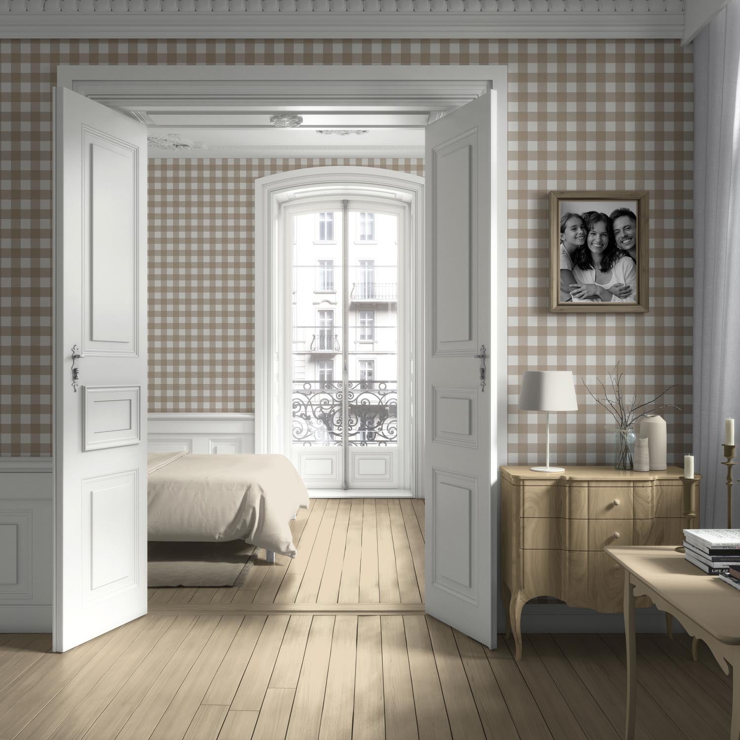 Neutral Geometric Gingham Checkered Kitchen Wallpaper Sample (Light Beige/ Greige)