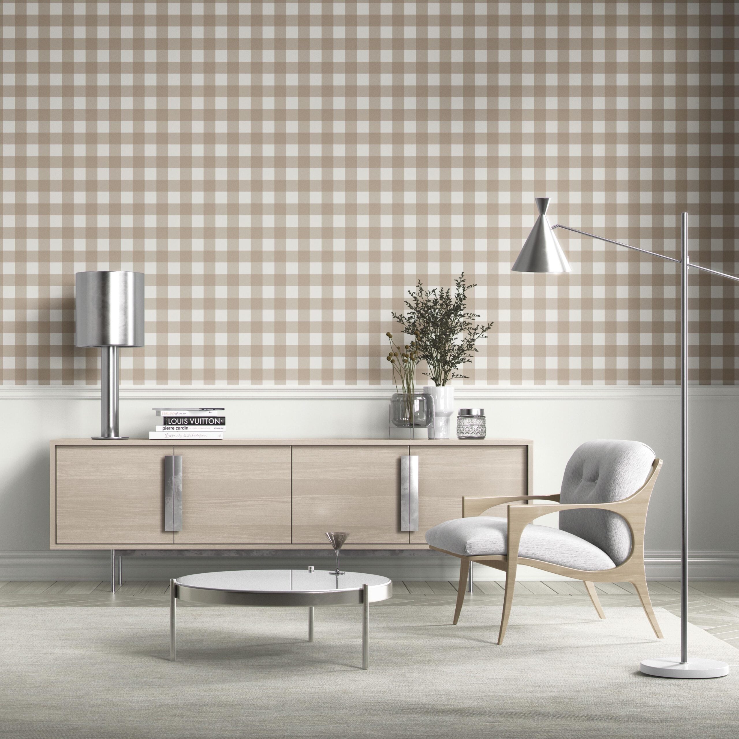 Neutral Geometric Gingham Checkered Bathroom Wallpaper (Light Beige/ Greige)
