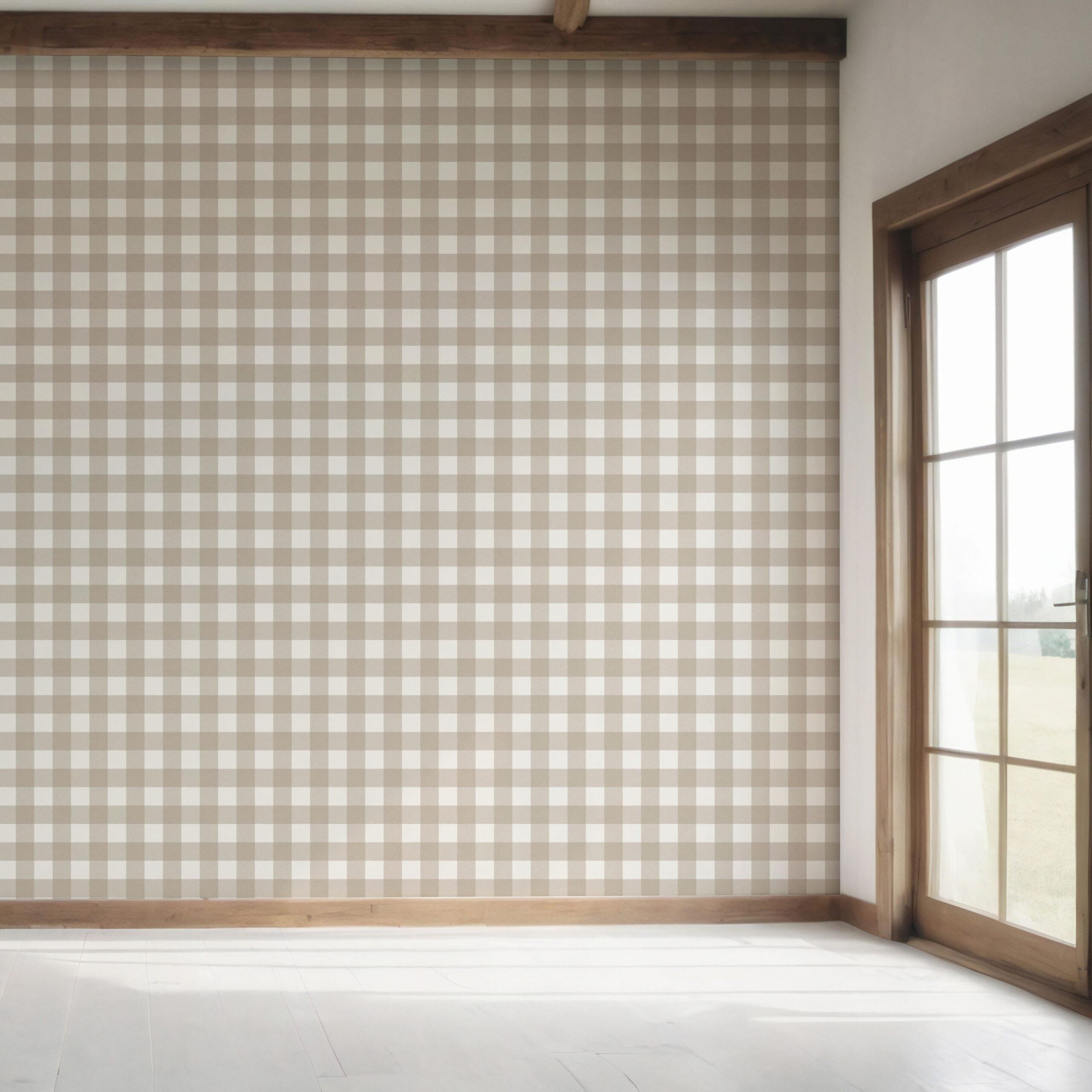 Neutral Geometric Gingham Checkered Bedroom Wallpaper Sample (Light Beige/ Greige)