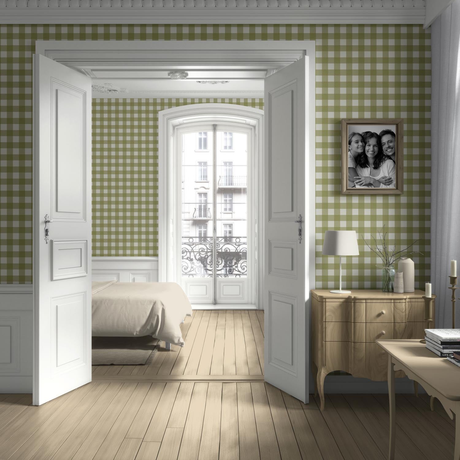 Geometric Gingham Checkered Kitchen Wallpaper (Olive Green)
