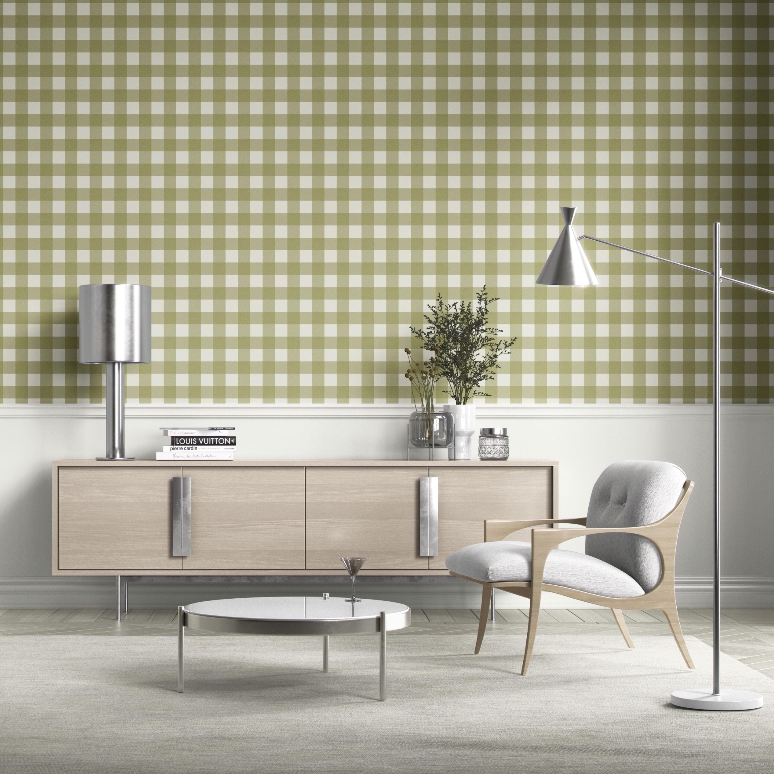 Geometric Gingham Checkered Bathroom Wallpaper (Olive Green)