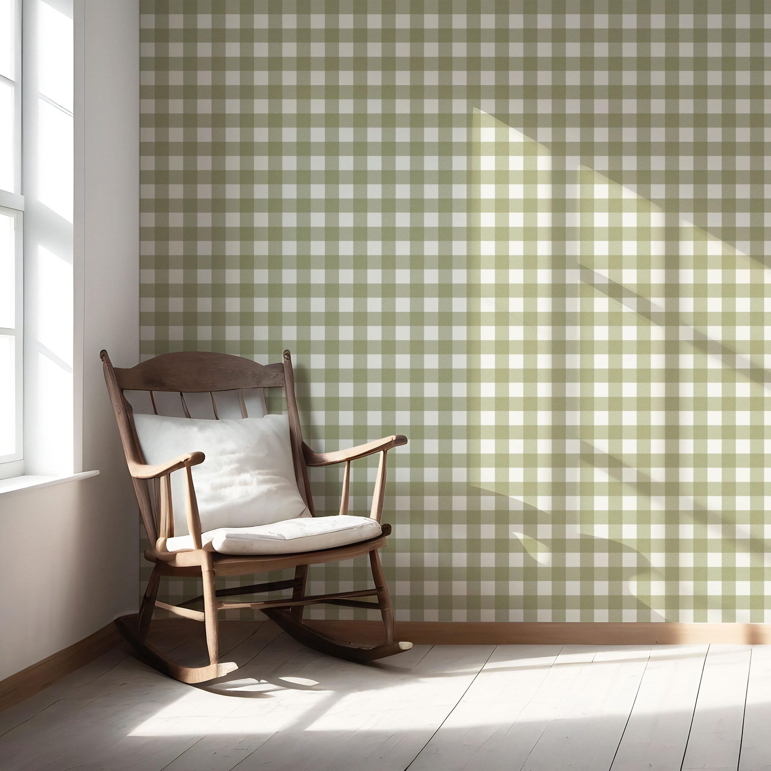 Geometric Gingham Checkered Nursery Wallpaper (Olive Green)