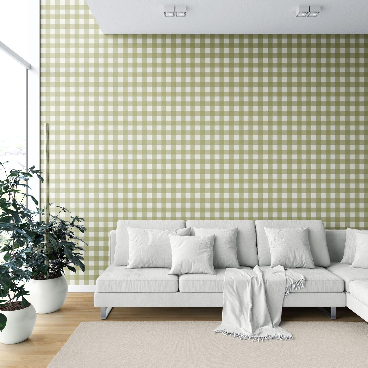 Geometric Gingham Checkered Shower Toilet Wallpaper (Olive Green)