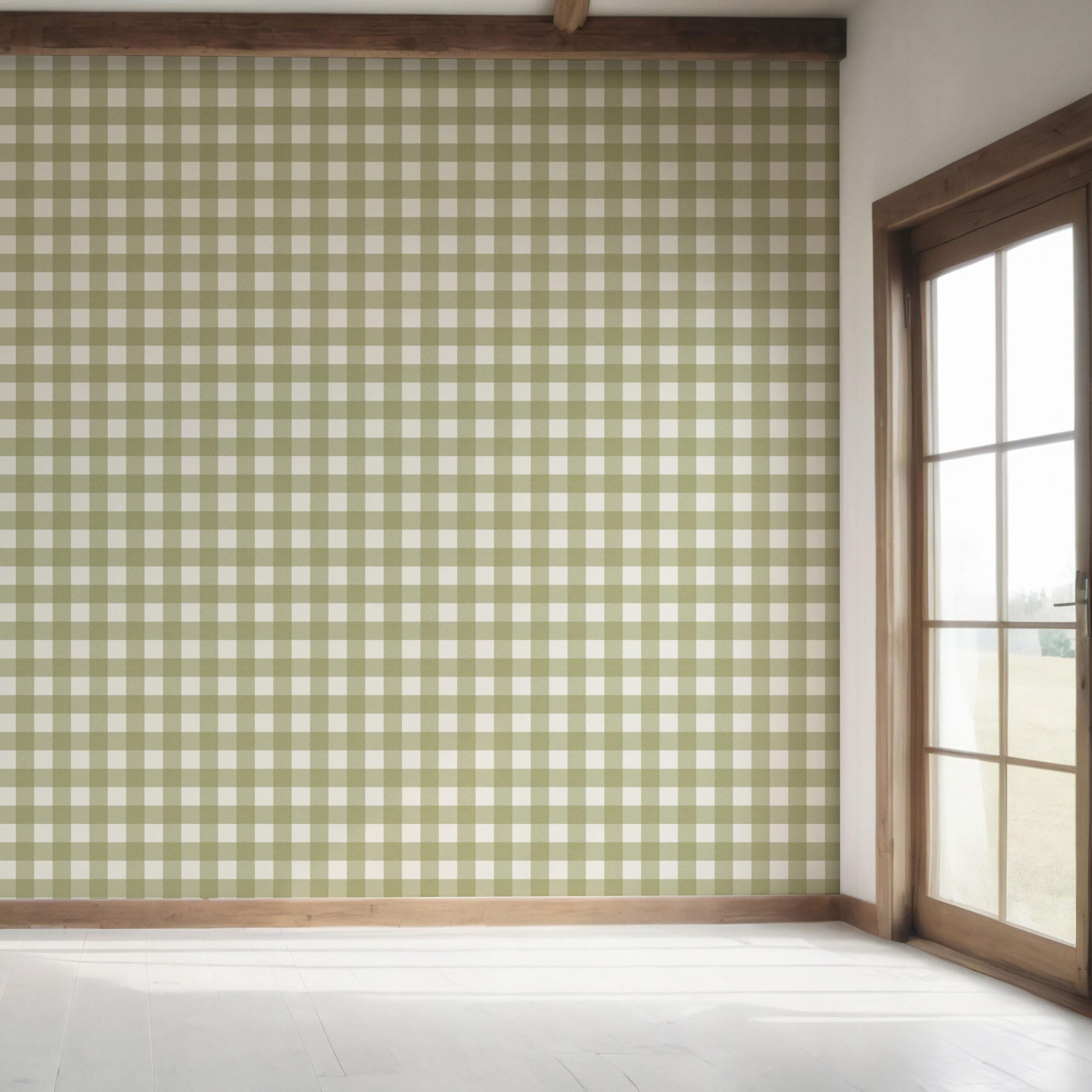 Geometric Gingham Checkered Bedroom Wallpaper (Olive Green)