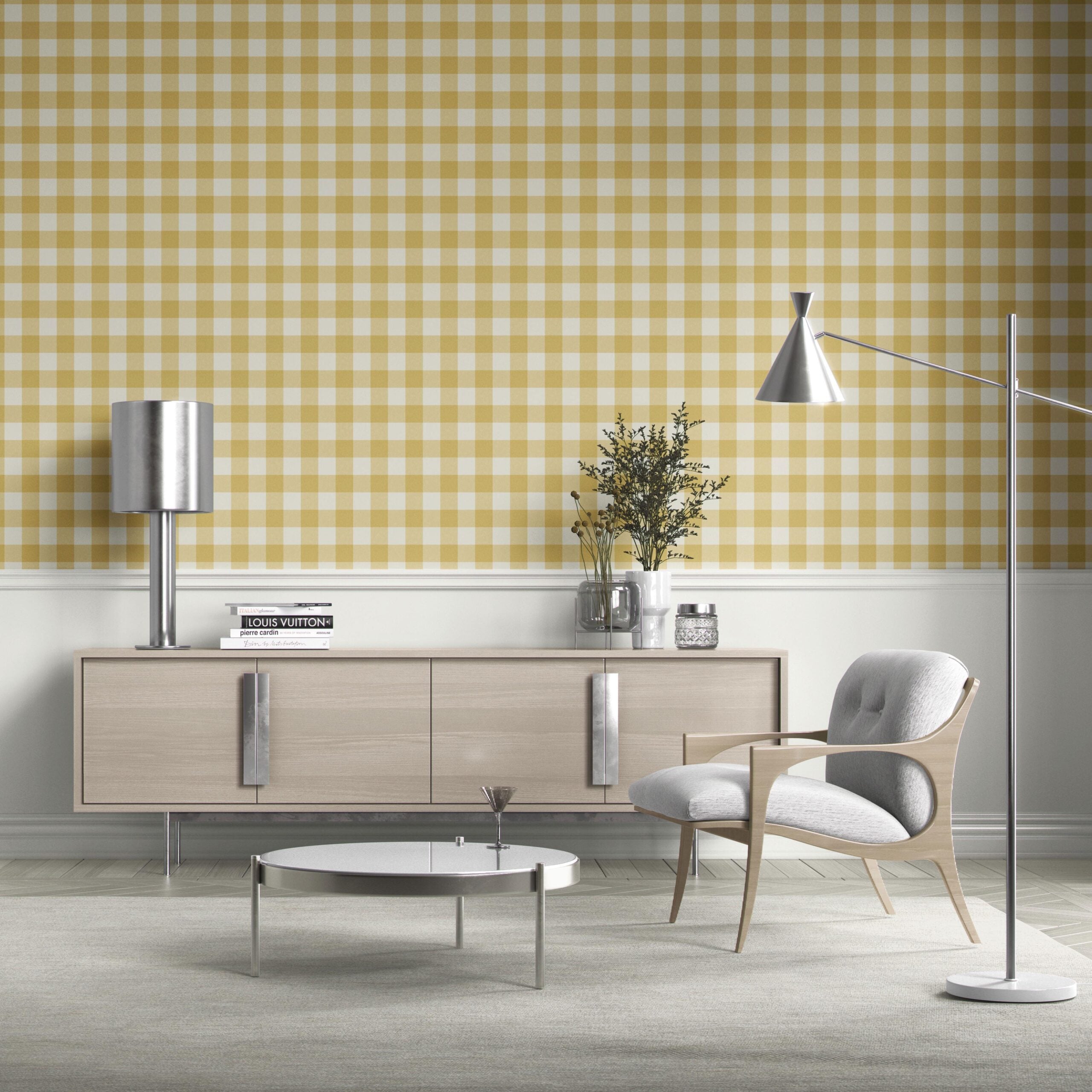 Geometric Gingham Checkered Bathroom Wallpaper Sample (Naples Yellow)