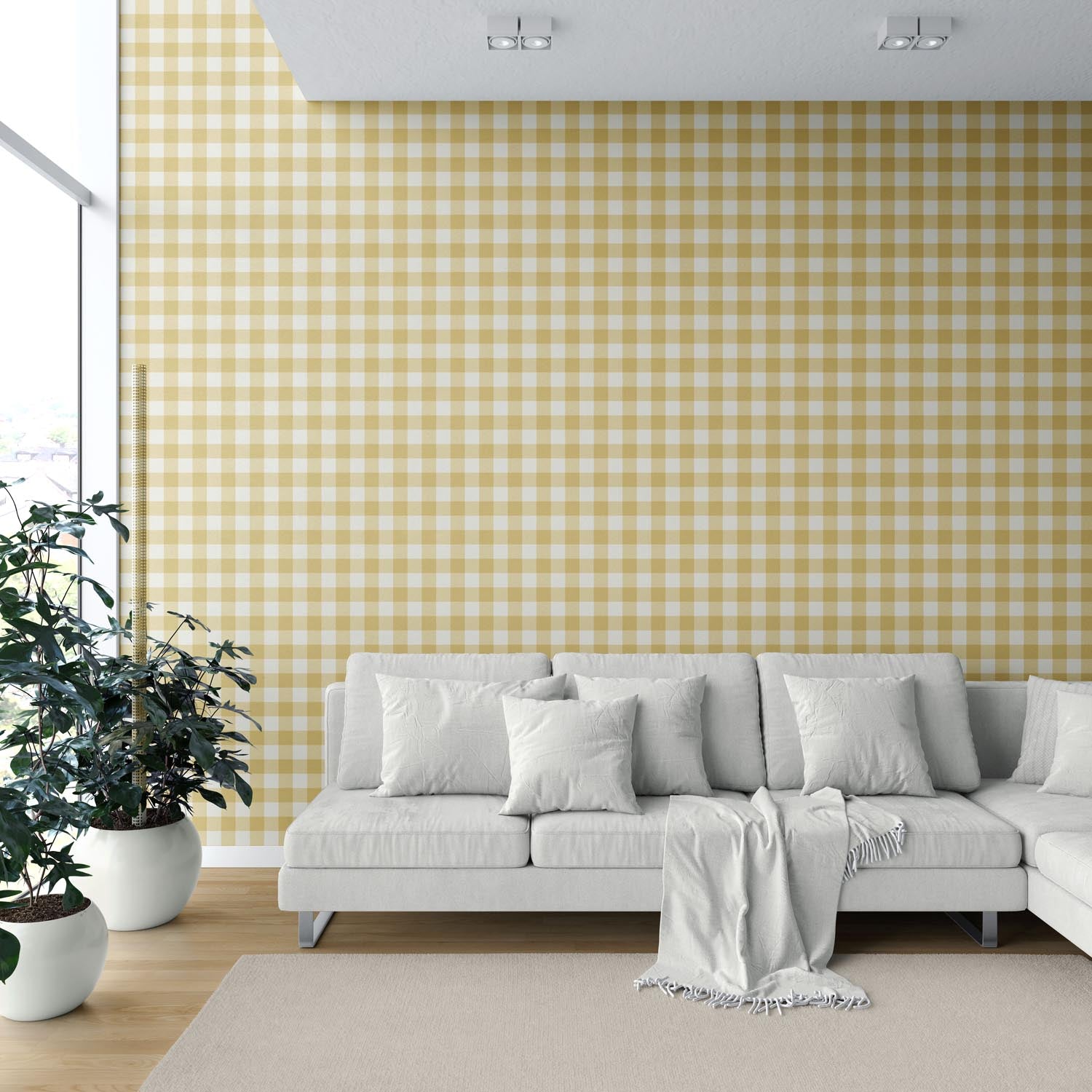 Geometric Gingham Checkered Shower Toilet Wallpaper Sample (Naples Yellow)