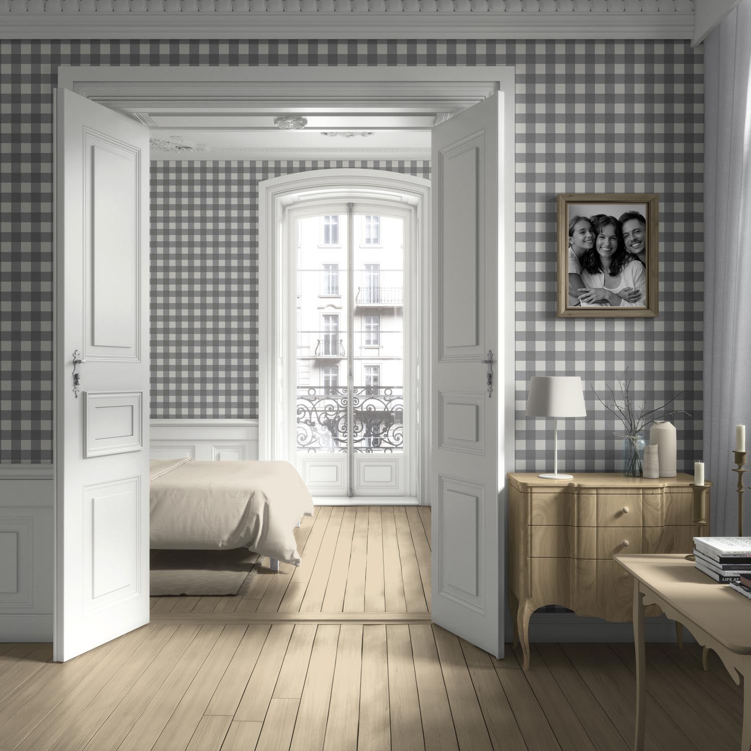 Neutral Geometric Gingham Checkered Kitchen Wallpaper Sample (Ash Gray)