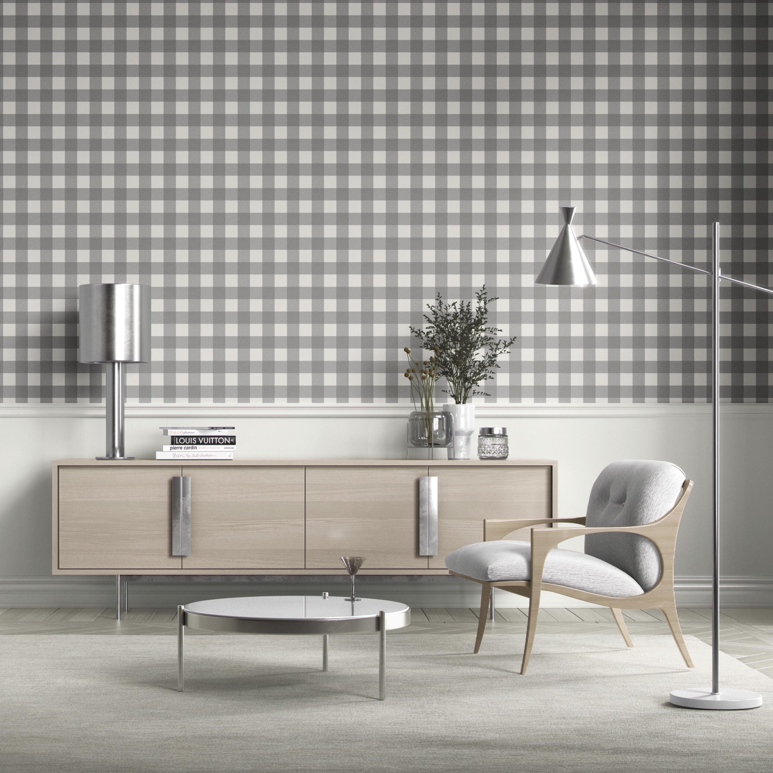 Neutral Geometric Gingham Checkered Bathroom Wallpaper Sample (Ash Gray)