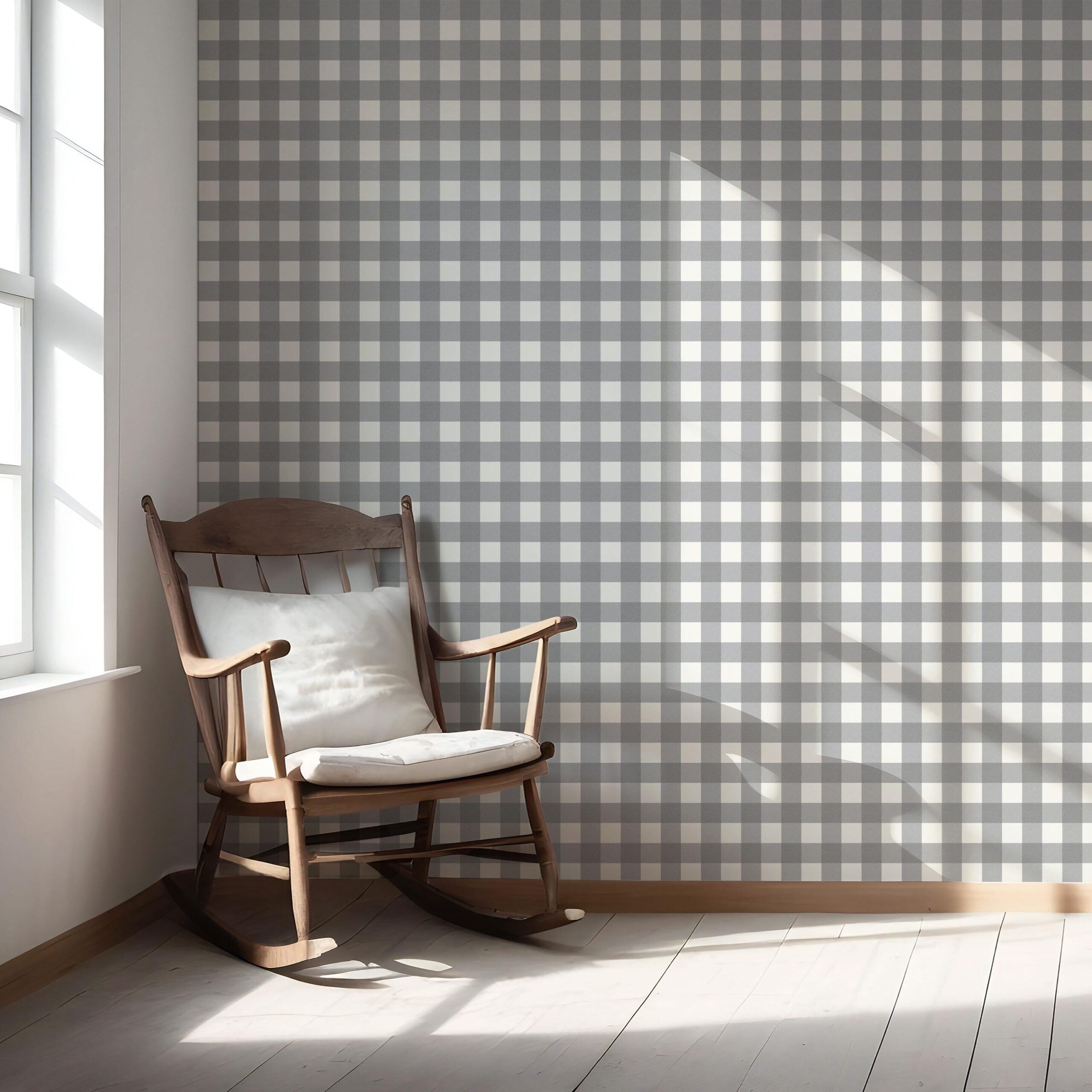 Neutral Geometric Gingham Checkered Nursery Wallpaper Sample (Ash Gray)