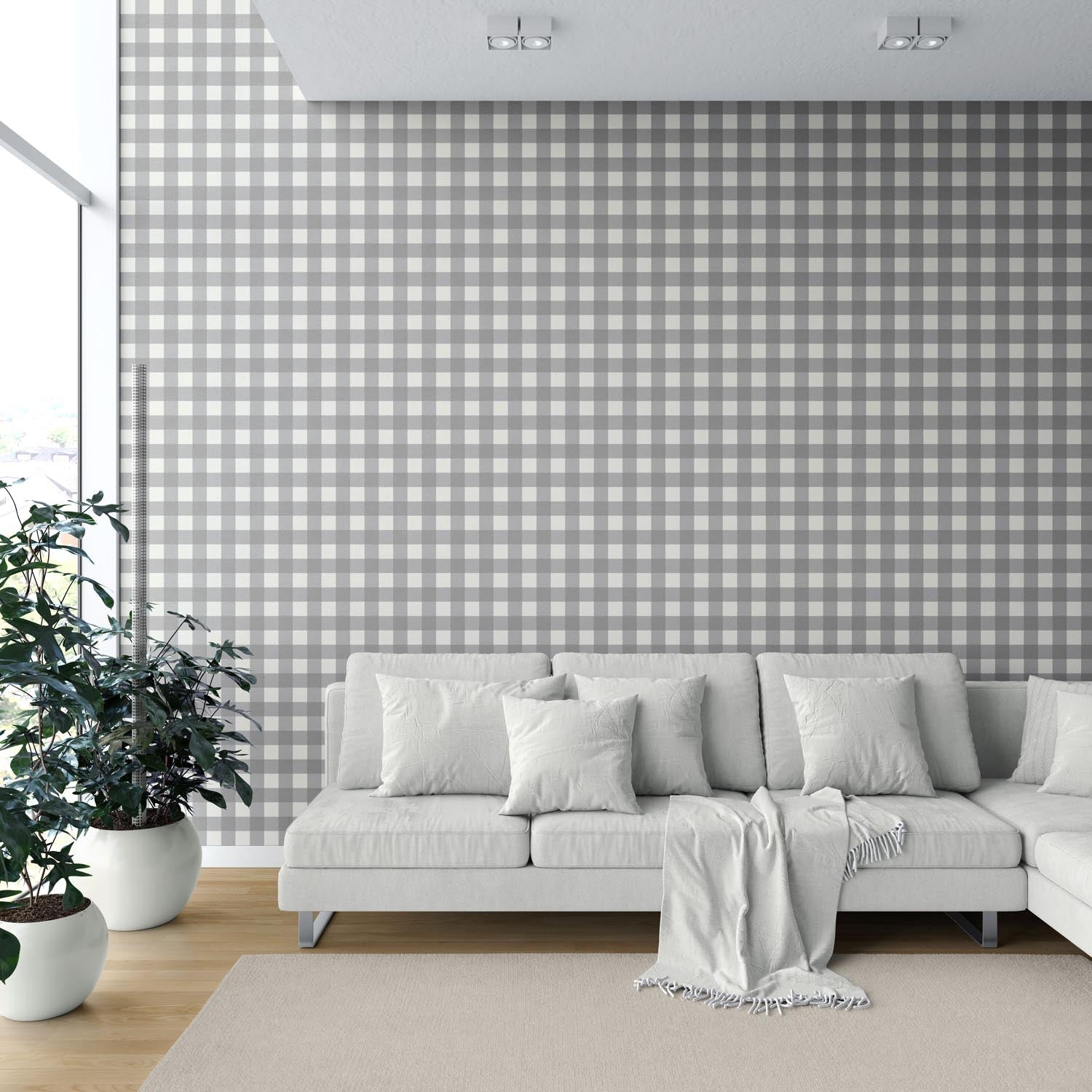 Neutral Geometric Gingham Checkered Shower Toilet Wallpaper Sample (Ash Gray)
