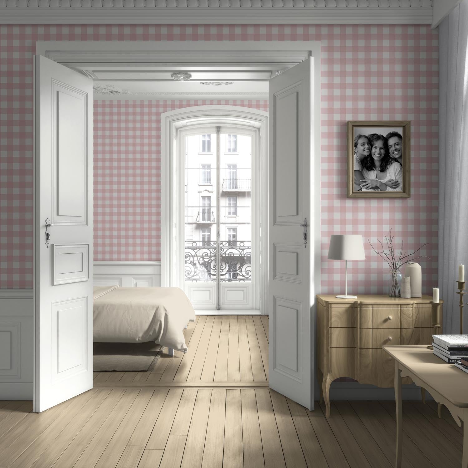 Geometric Gingham Checkered Kitchen Wallpaper Sample (Baby Pink)