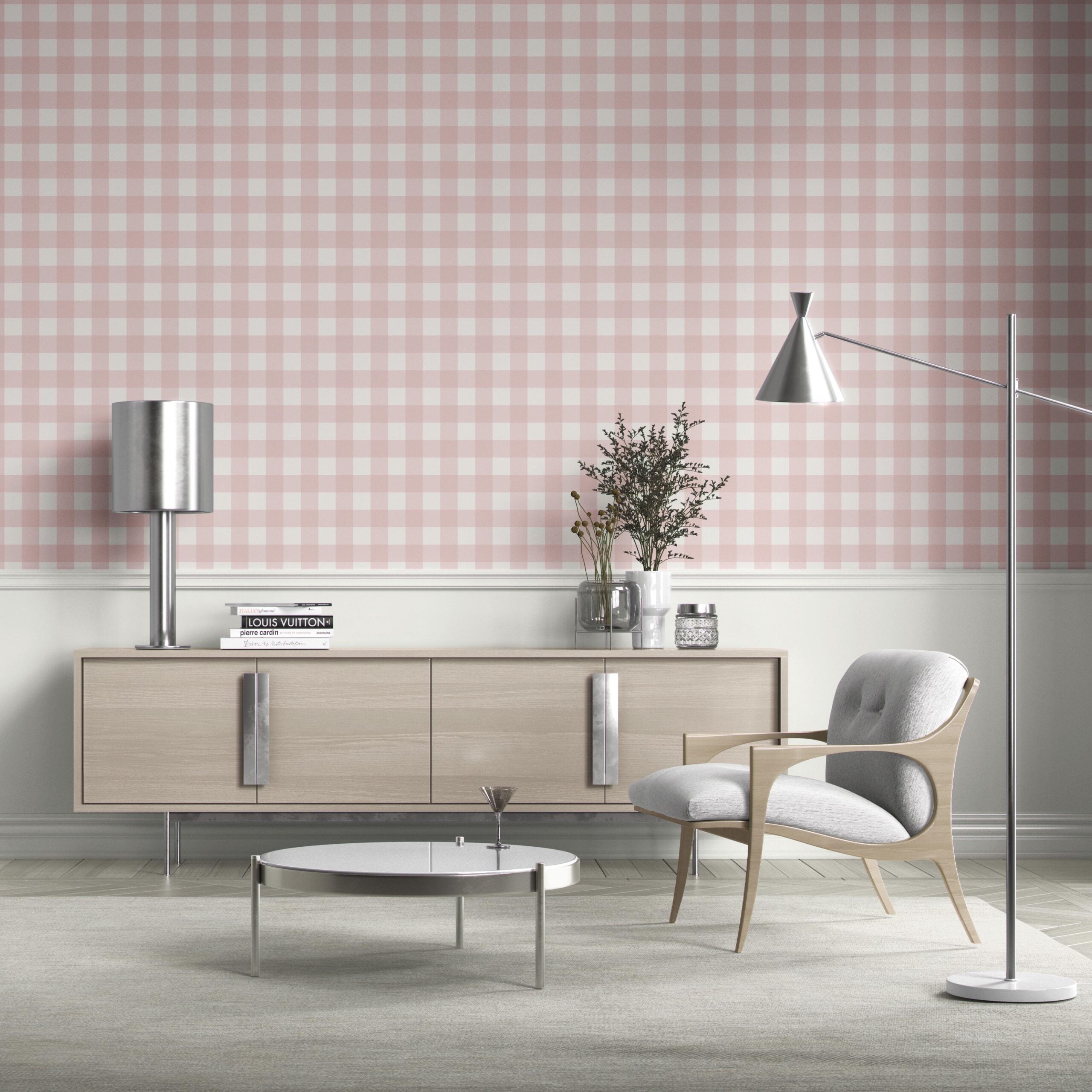 Geometric Gingham Checkered Bathroom Wallpaper Sample (Baby Pink)
