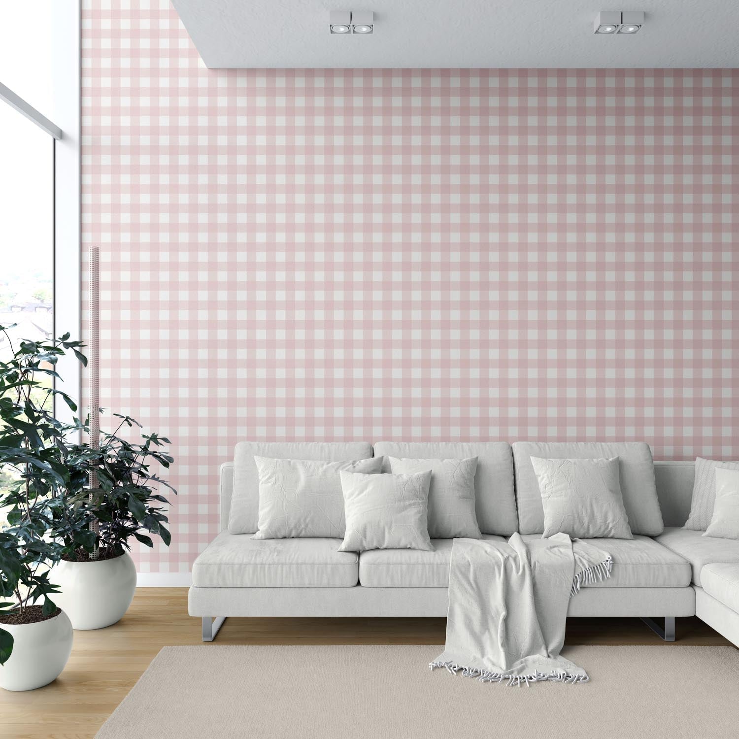 Geometric Gingham Checkered Shower Toilet Wallpaper Sample (Baby Pink)