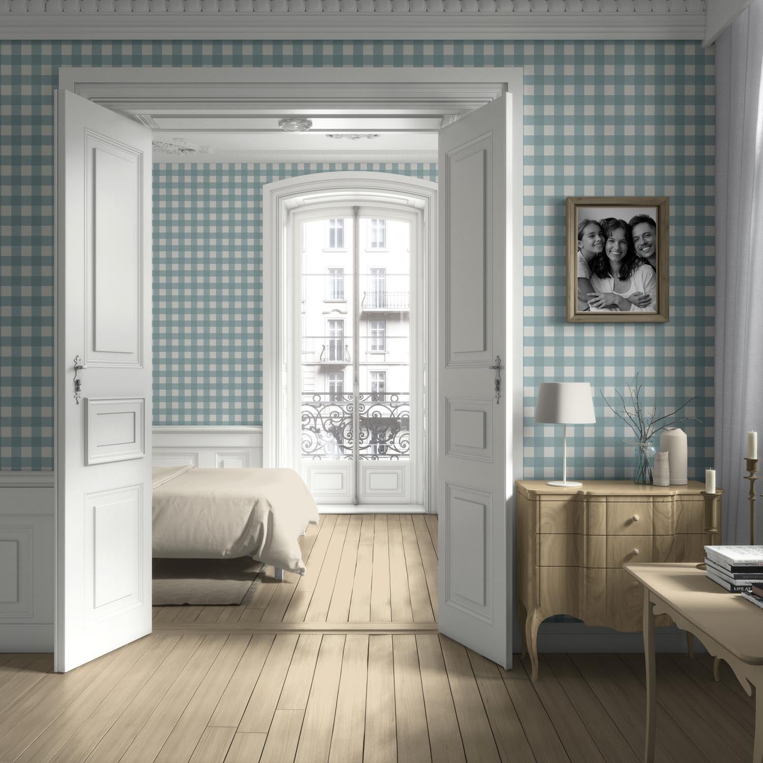 Geometric Gingham Checkered Kitchen Wallpaper Sample (Seafoam Blue)