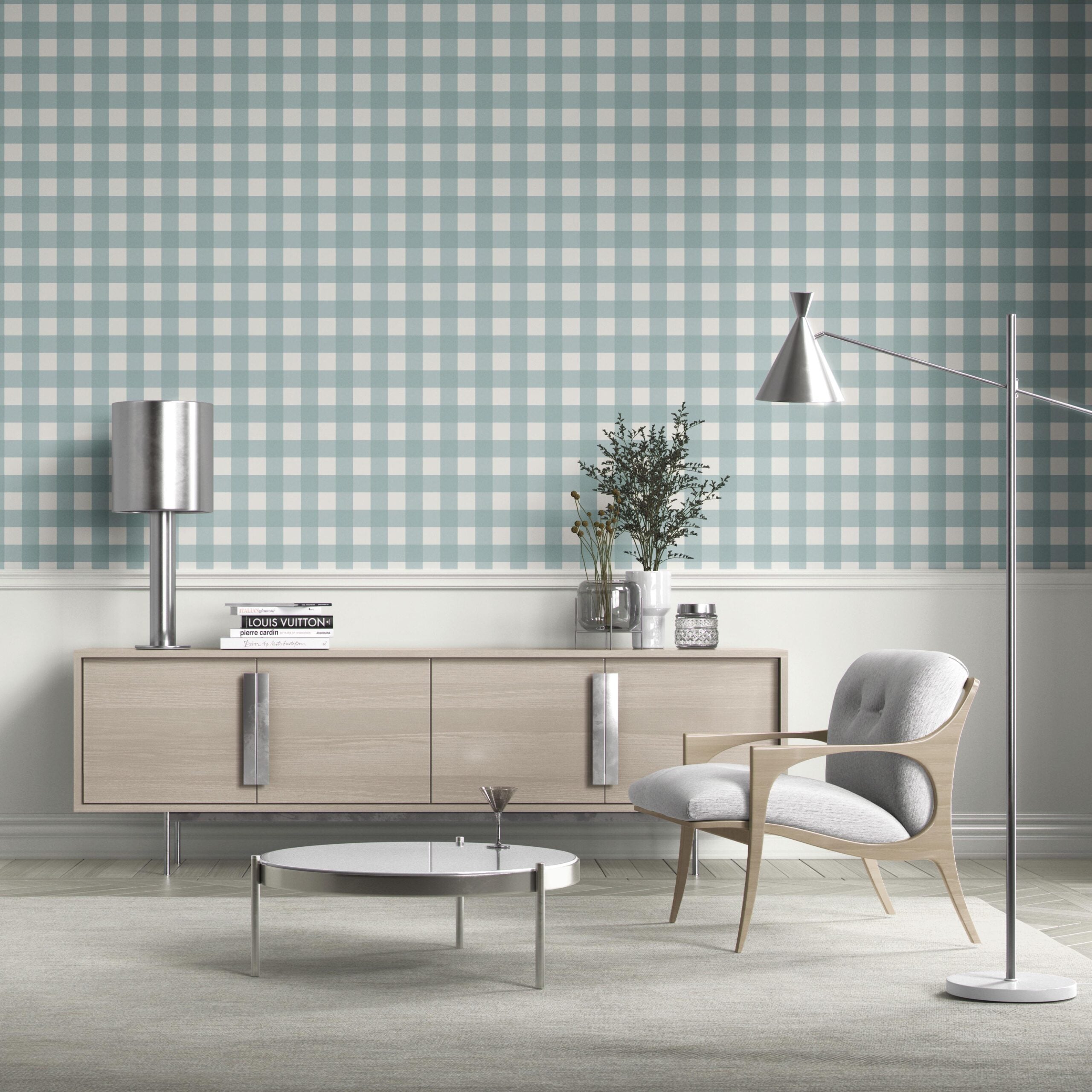 Geometric Gingham Checkered Bathroom Wallpaper Sample (Seafoam Blue)