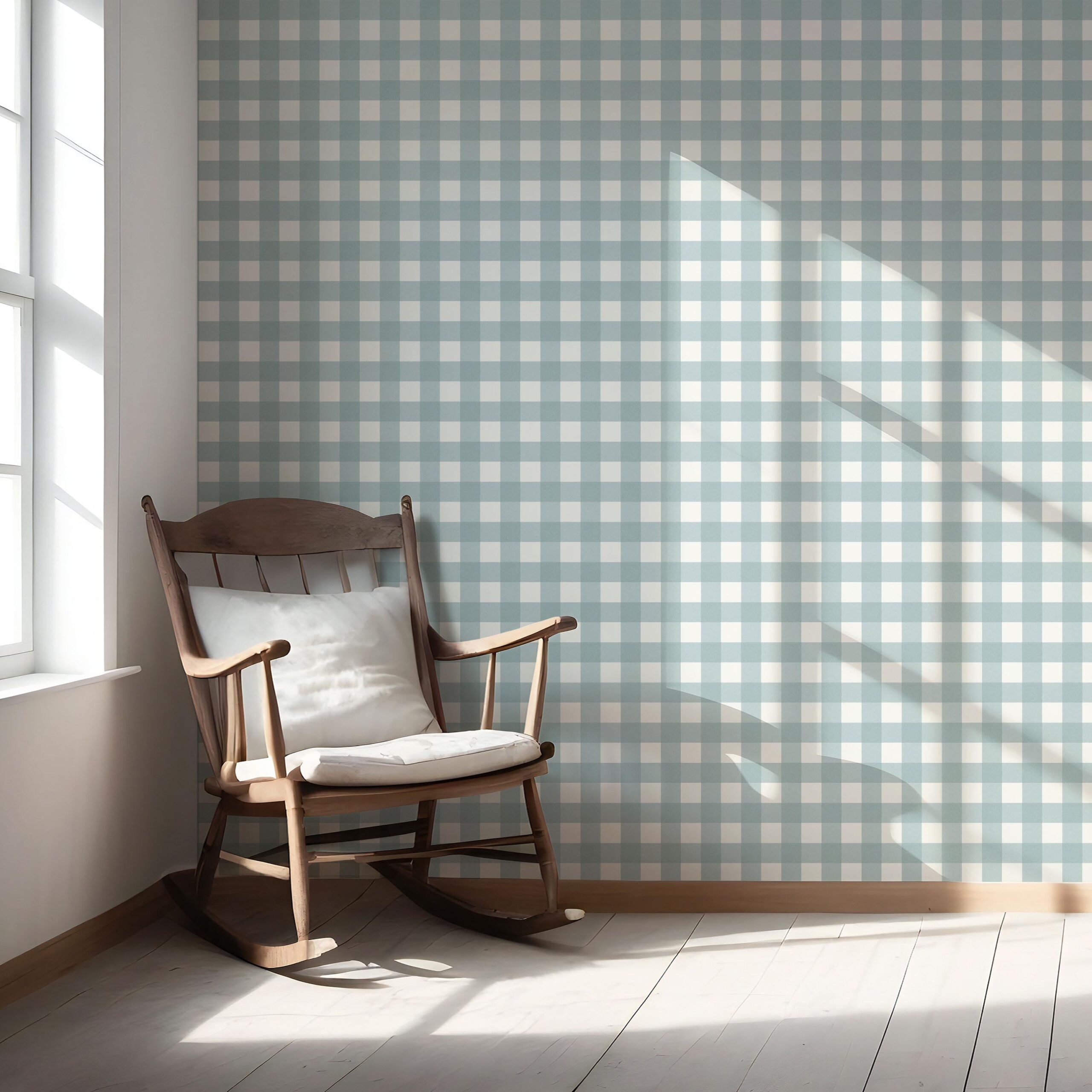 Geometric Gingham Checkered Nursery Wallpaper Sample (Seafoam Blue)