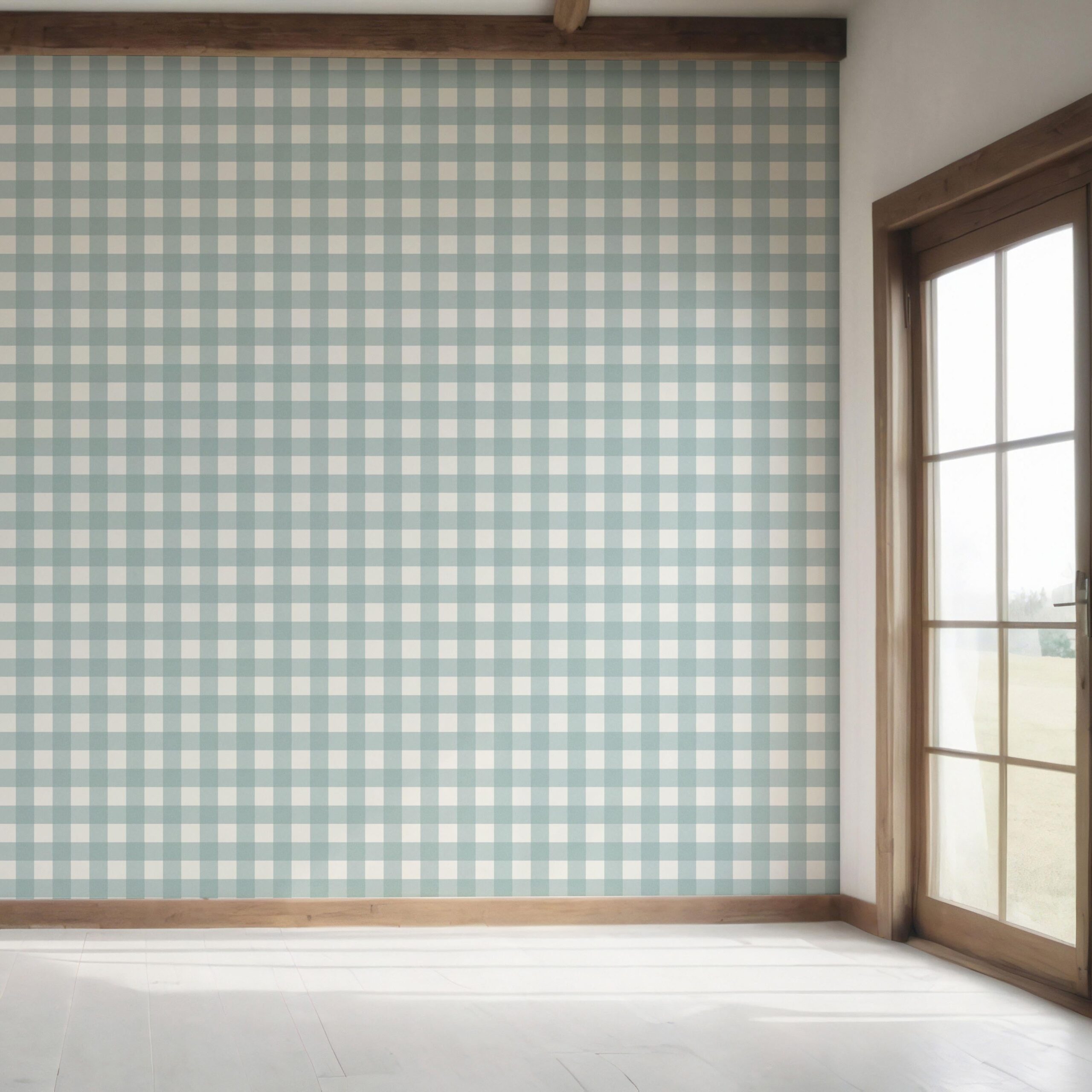Geometric Gingham Checkered Bedroom Wallpaper Sample (Seafoam Blue)