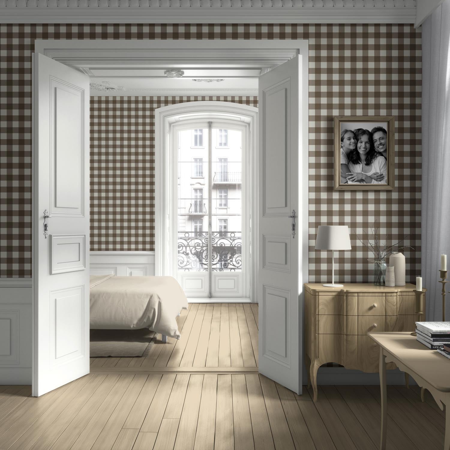 Neutral Geometric Gingham Checkered Kitchen Wallpaper Sample (Taupe Brown)