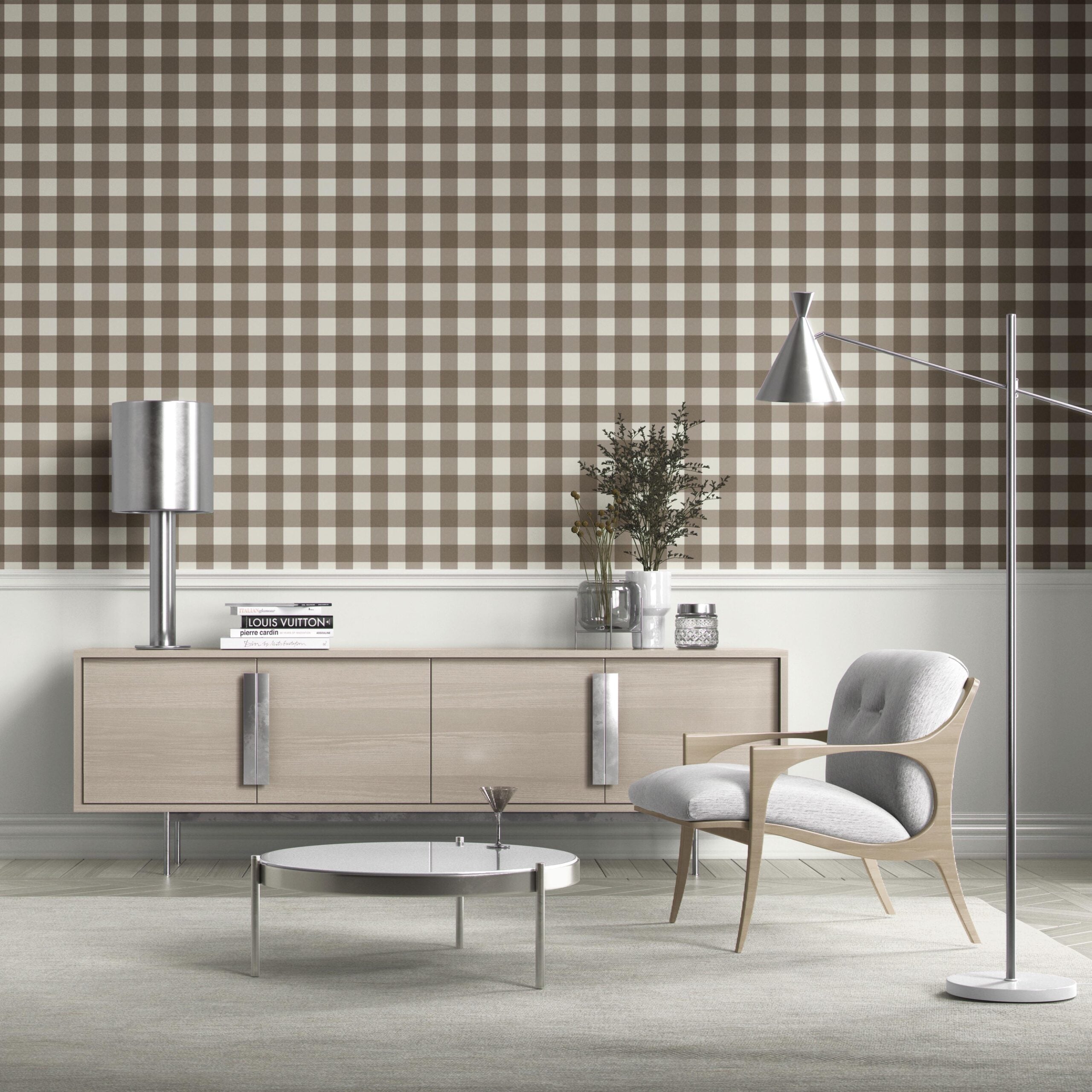 Neutral Geometric Gingham Checkered Bathroom Wallpaper Sample (Taupe Brown)