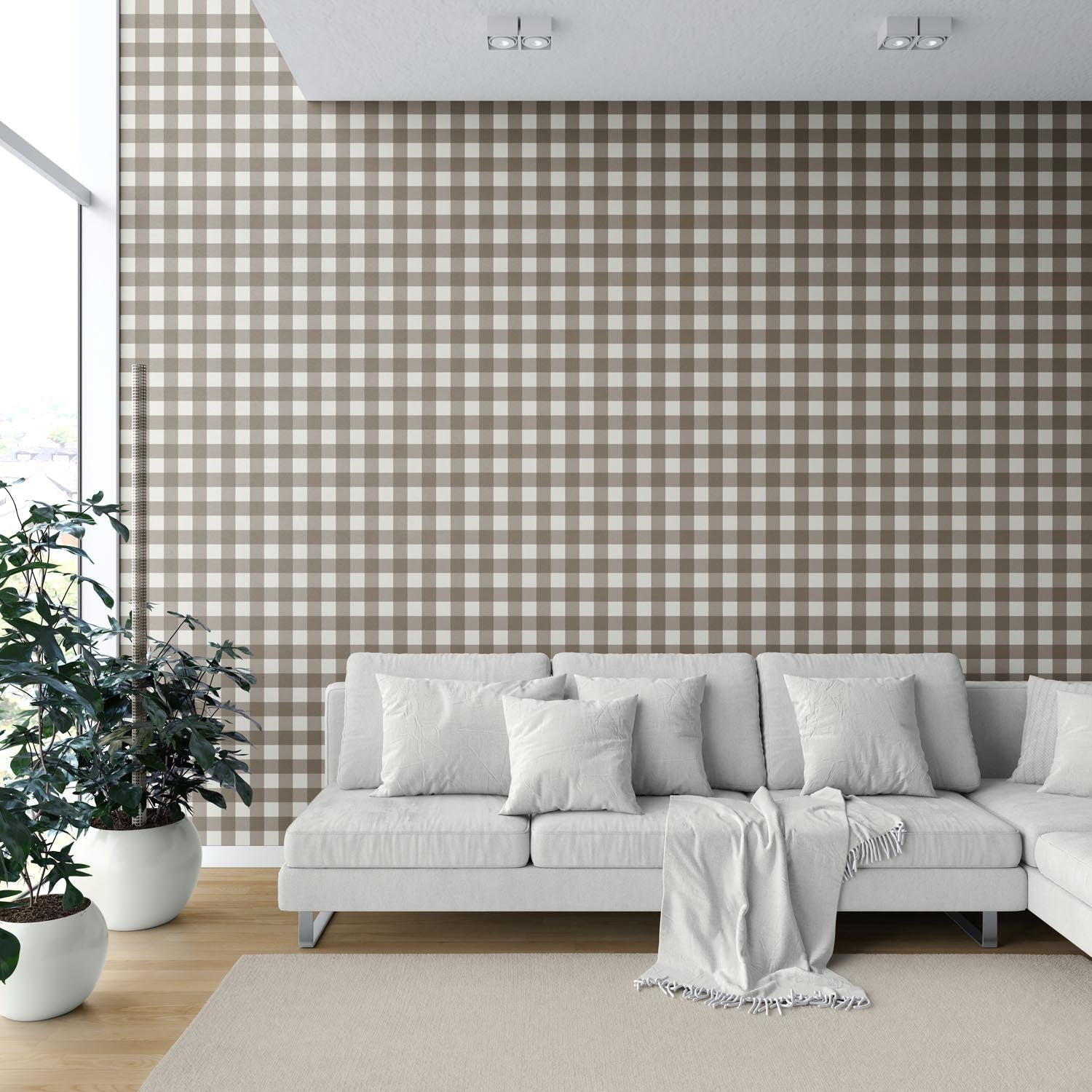 Neutral Geometric Gingham Checkered Shower Toilet Wallpaper Sample (Taupe Brown)