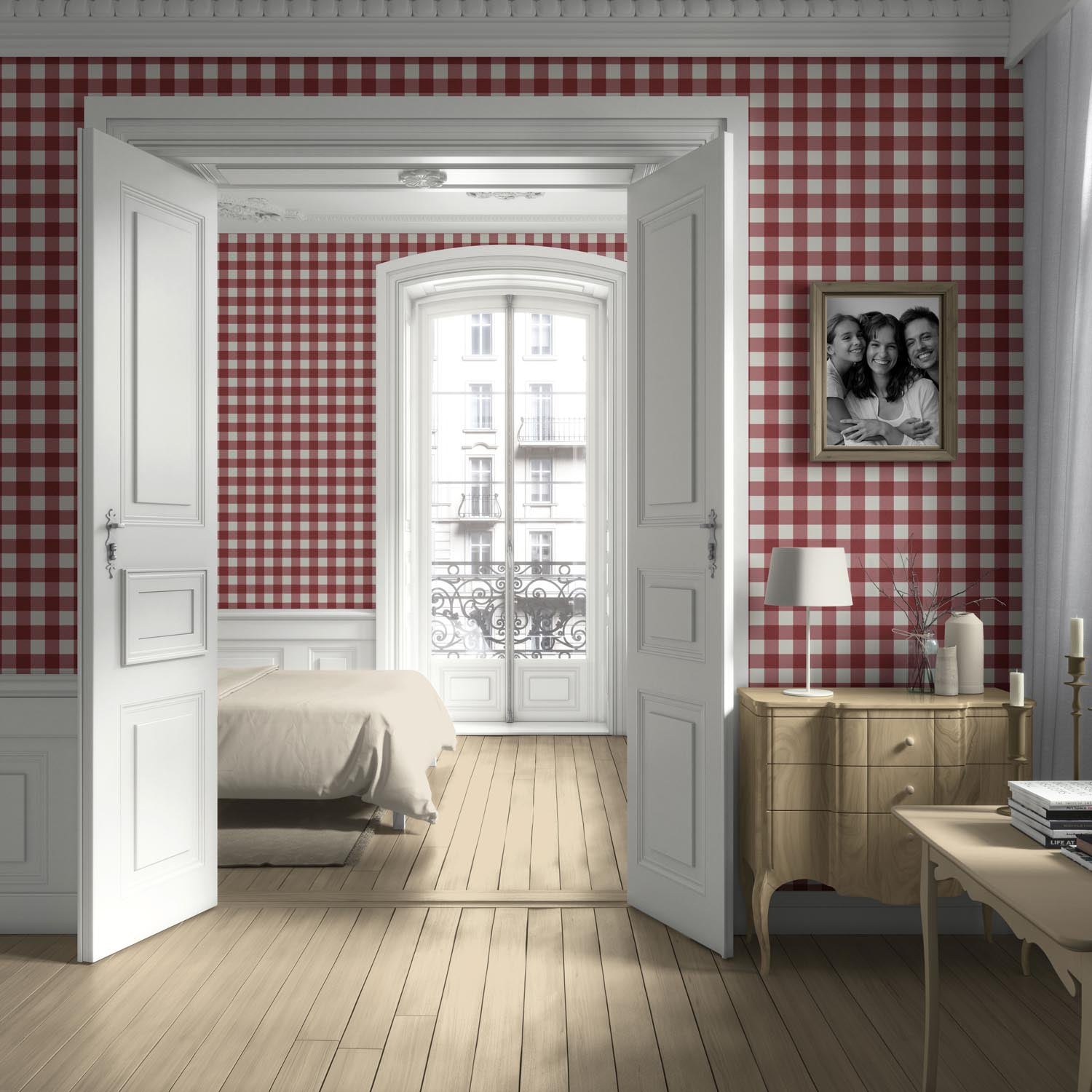 Geometric Gingham Checkered Kitchen Wallpaper Sample (Burgundy Red)