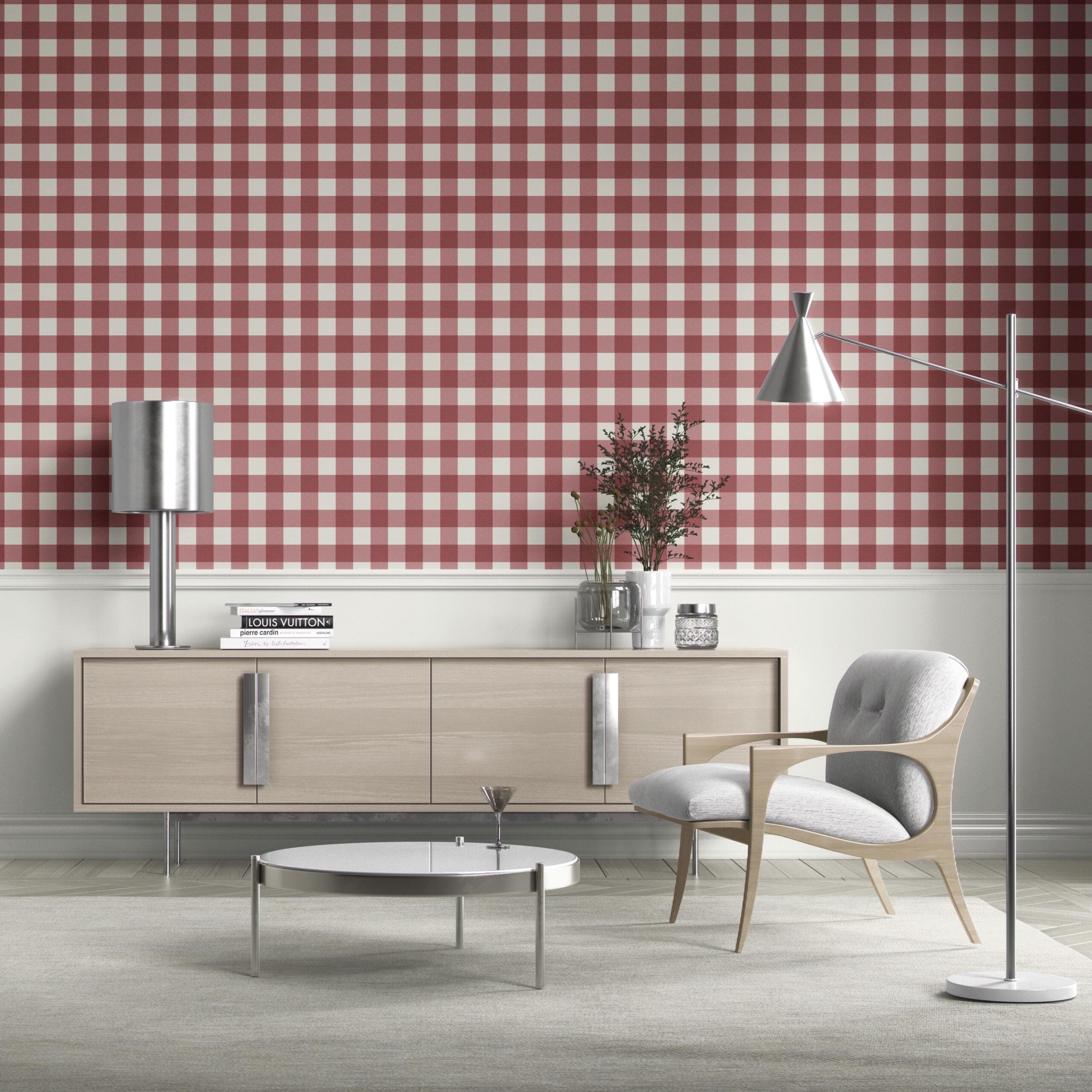 Geometric Gingham Checkered Bathroom Wallpaper Sample (Burgundy Red)