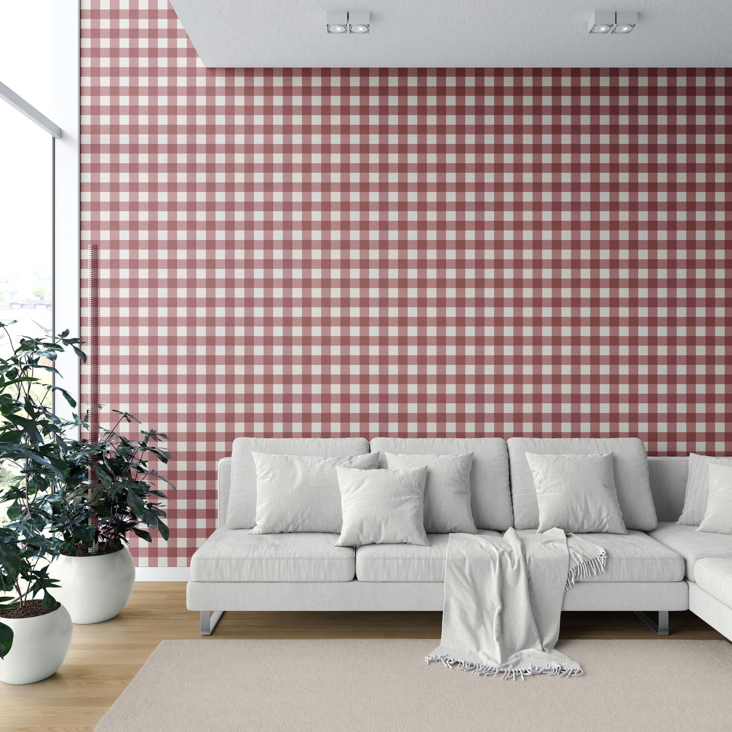 Geometric Gingham Checkered Shower Toilet Wallpaper Sample (Burgundy Red)