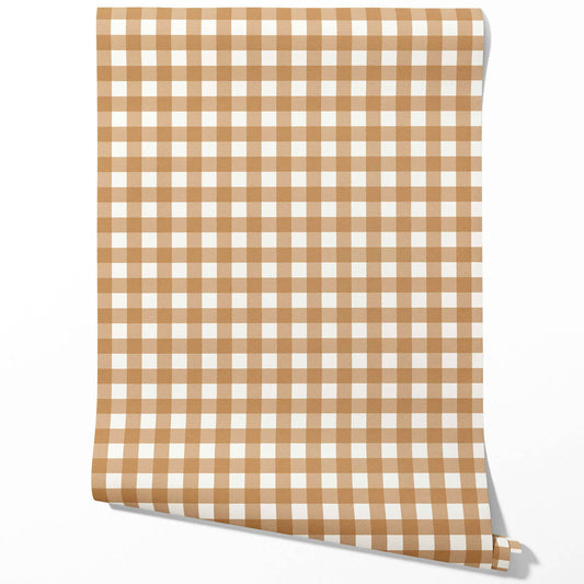 Geometric Gingham Checkered Traditional Wallpaper (Ochre Orange)