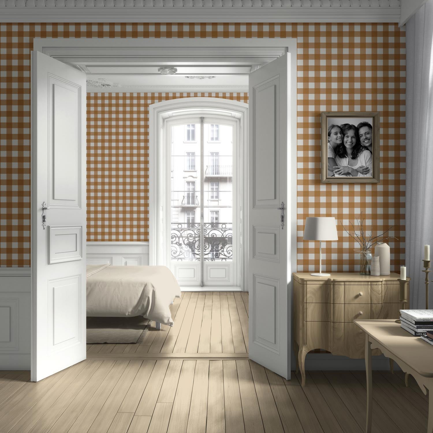 Geometric Gingham Checkered Kitchen Wallpaper (Ochre Orange)
