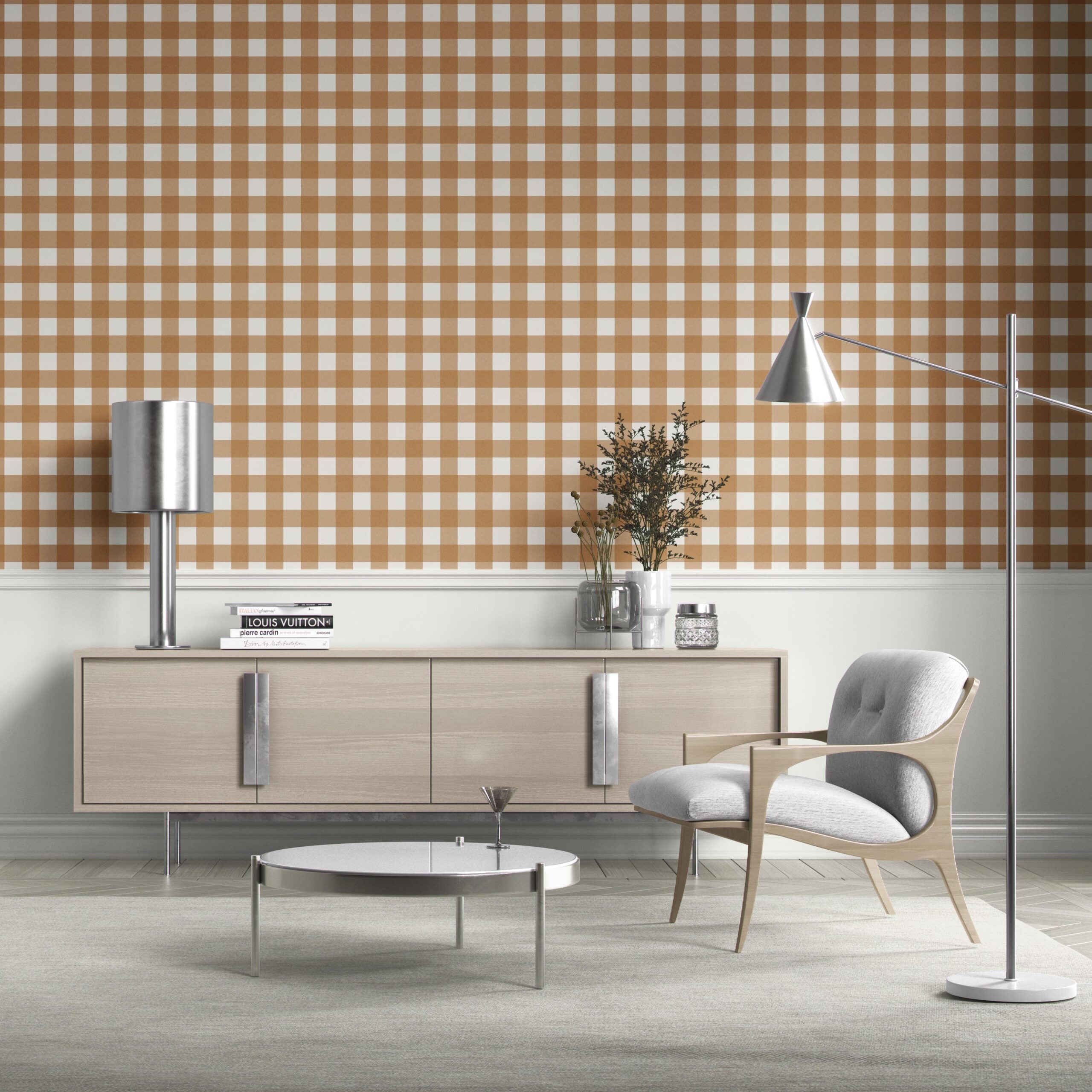 Geometric Gingham Checkered Bathroom Wallpaper (Ochre Orange)