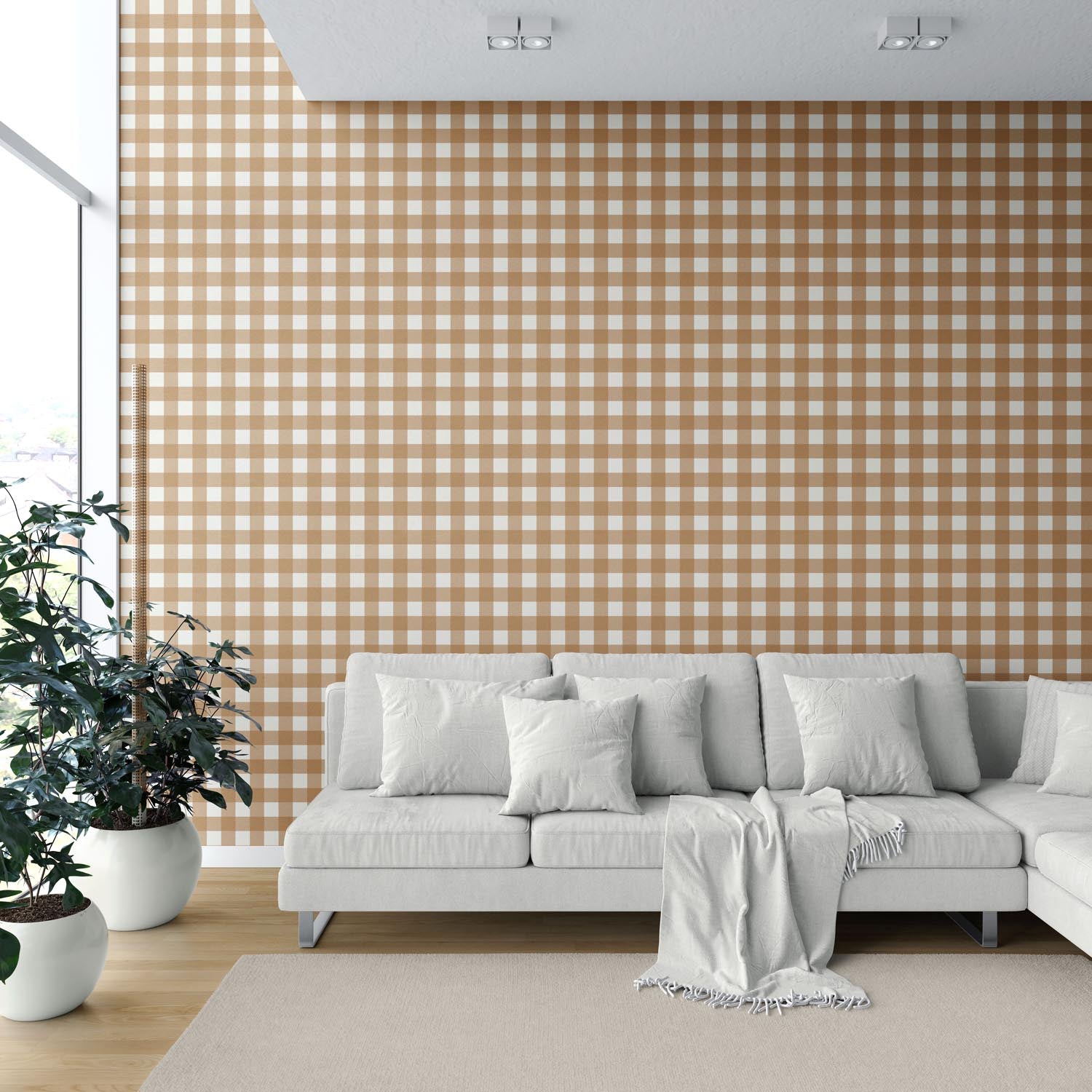 Geometric Gingham Checkered Shower Toilet Wallpaper (Ochre Orange)