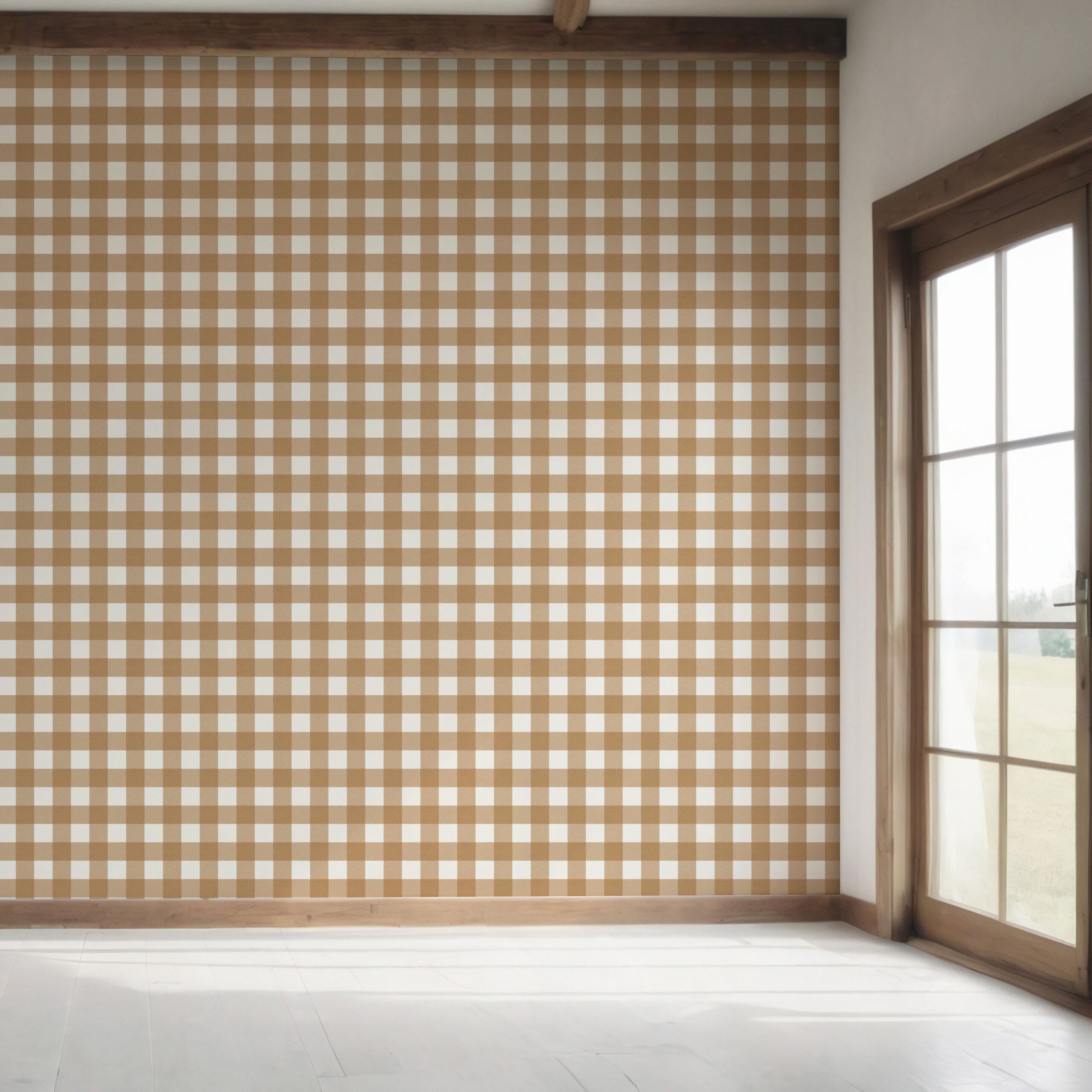 Geometric Gingham Checkered Bedroom Wallpaper (Ochre Orange)
