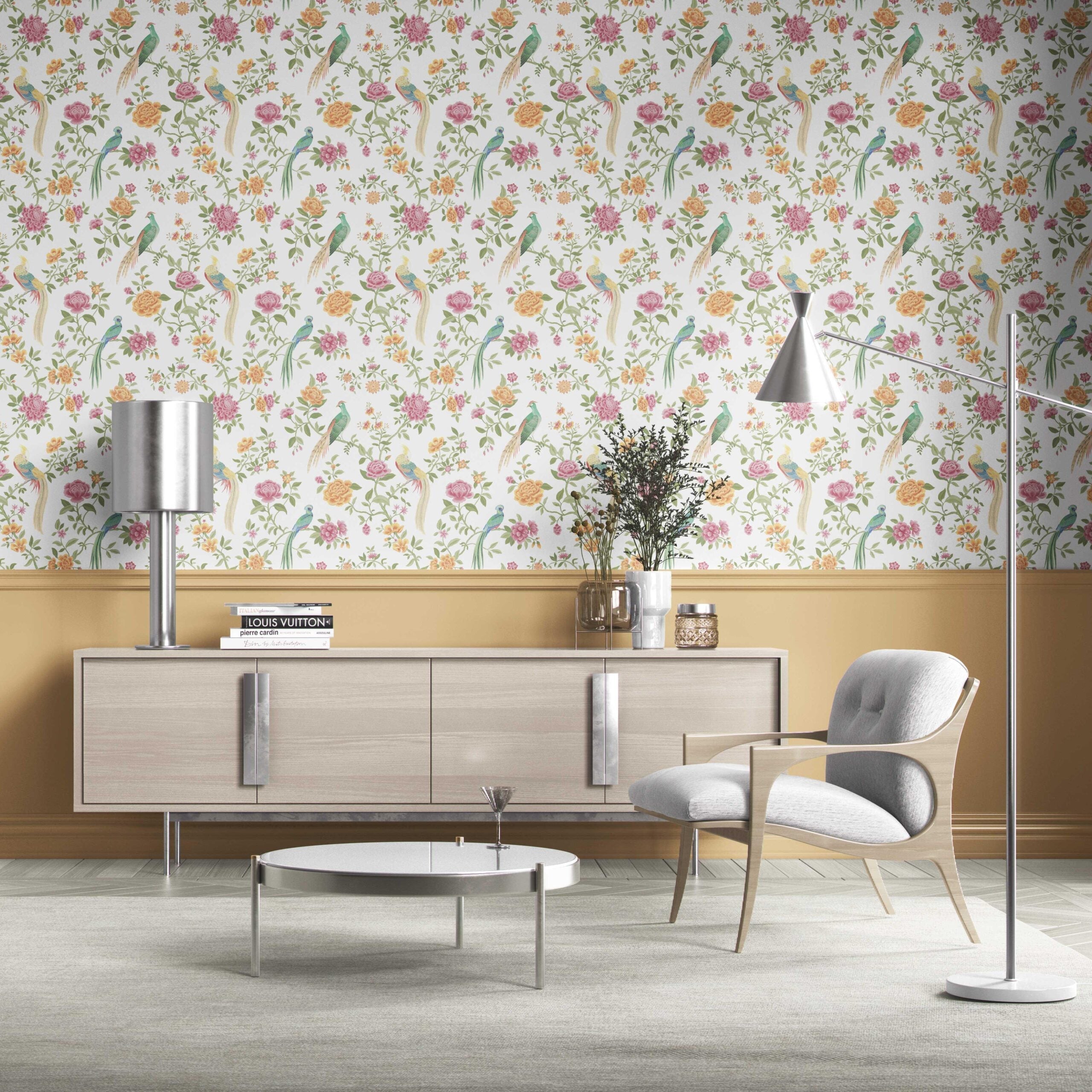 Floral Chinoiserie/ Nature Bird Print Kitchen Wallpaper Sample (Pink/ Green/ Yellow)