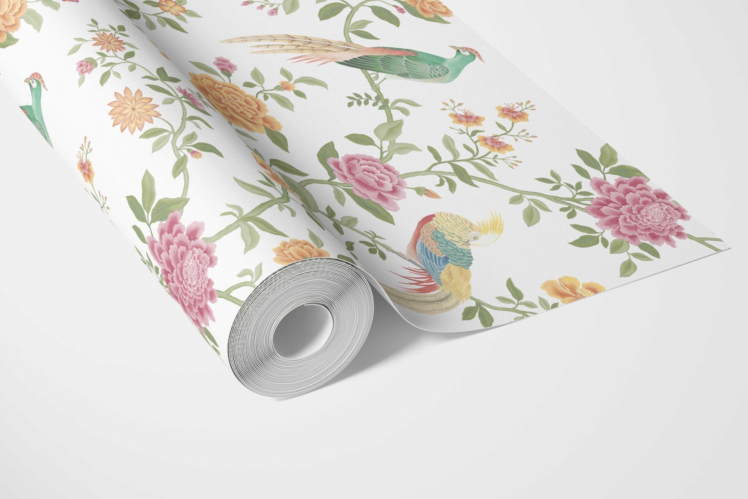 Floral Chinoiserie/ Nature Bird Print Bathroom Wallpaper Sample (Pink/ Green/ Yellow)