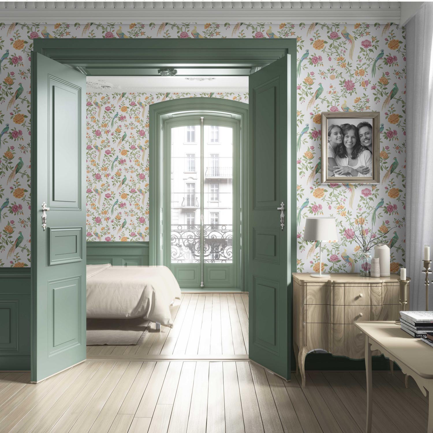 Floral Chinoiserie/ Nature Bird Print Living Room Wallpaper Sample (Pink/ Green/ Yellow)