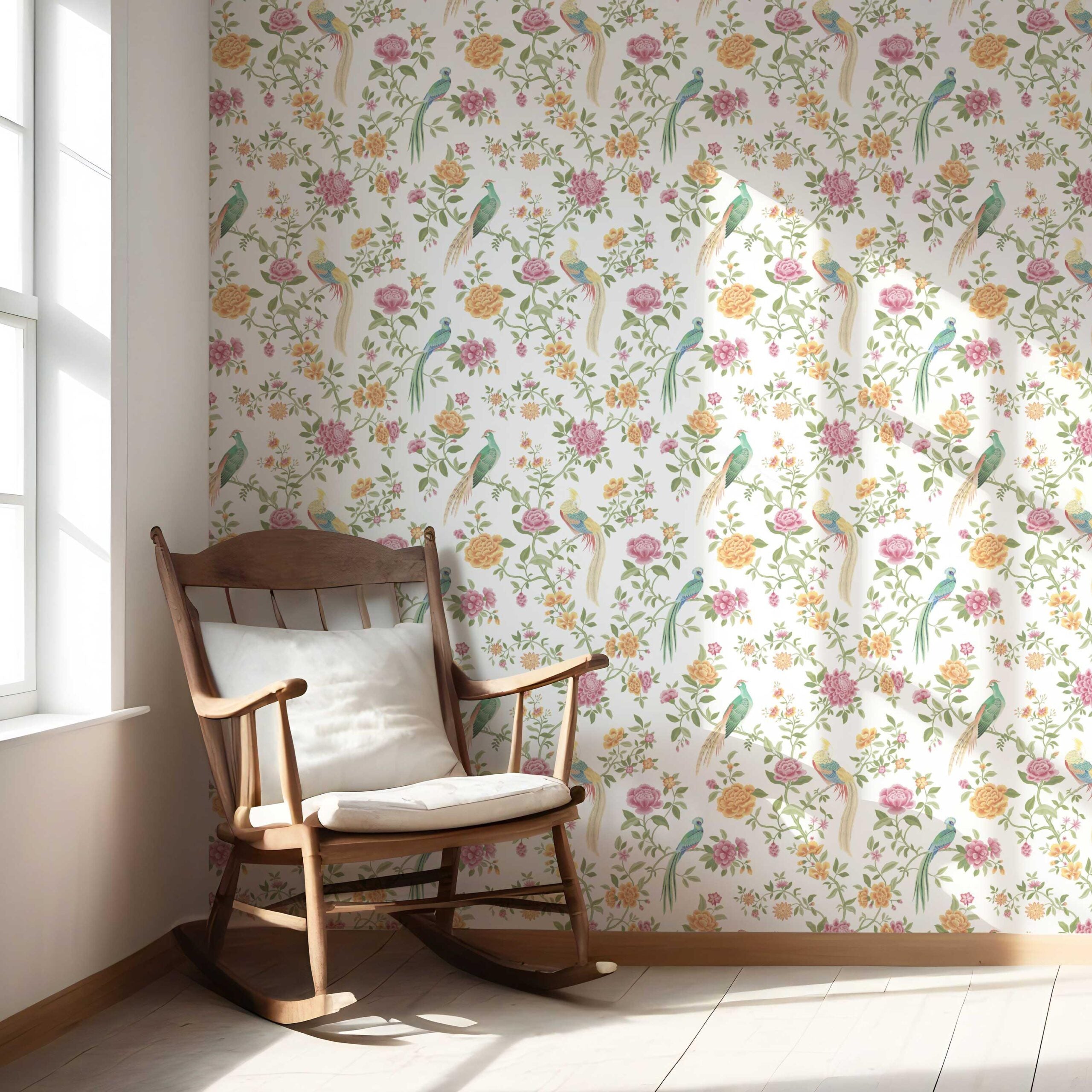 Floral Chinoiserie/ Nature Bird Print Nursery Wallpaper (Pink/ Green/ Yellow)